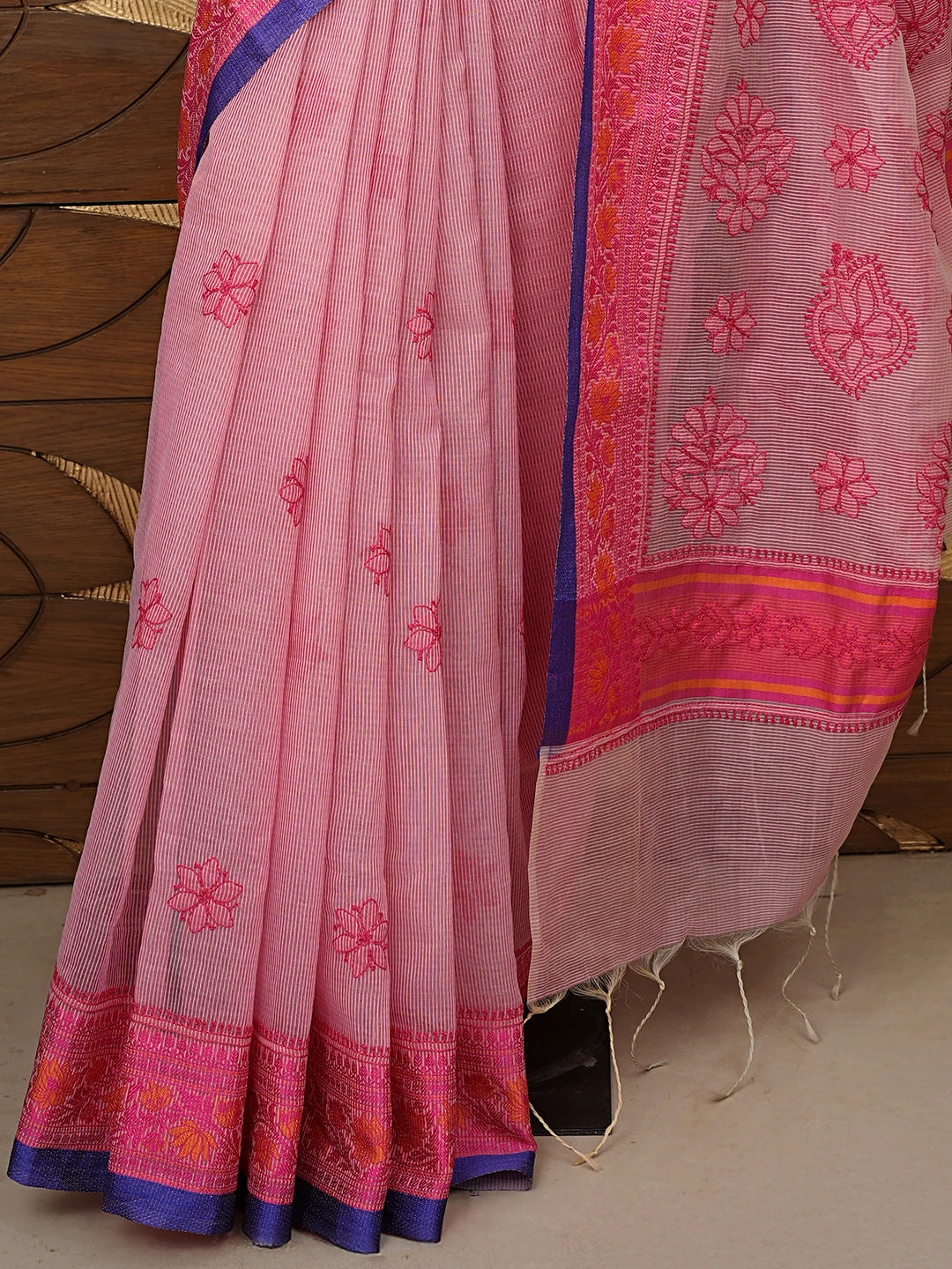 Ada Hand Embroidered Onion Pink Kota Chanderi Lucknowi Chikankari Saree and Blouse 01A798582