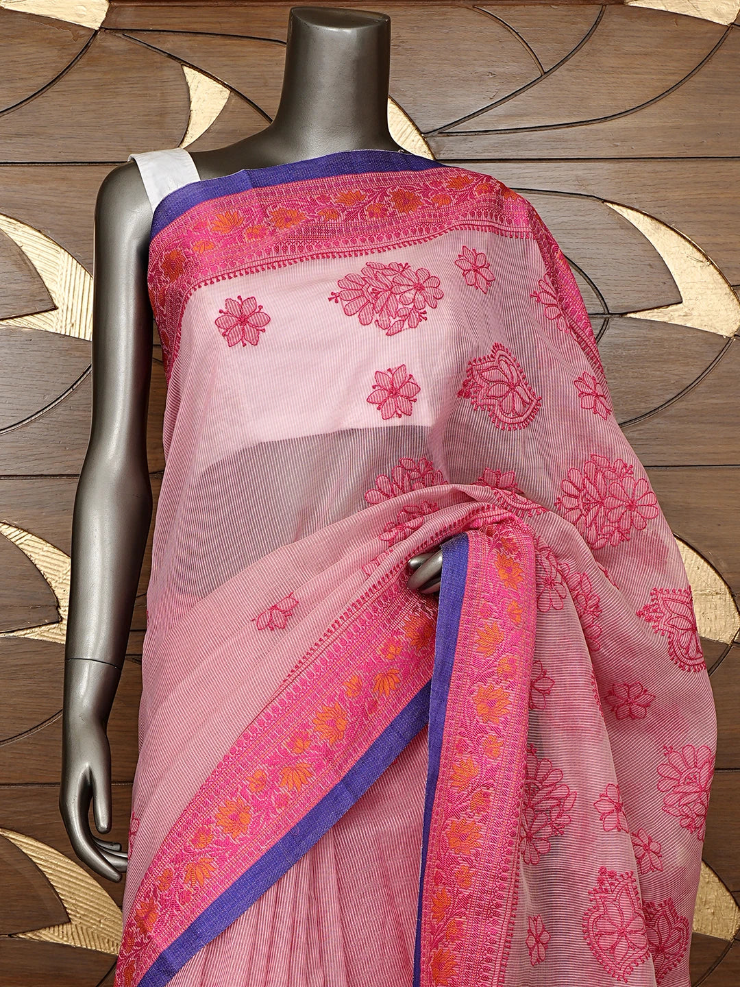 Ada Hand Embroidered Onion Pink Kota Chanderi Lucknowi Chikankari Saree and Blouse 01A798582