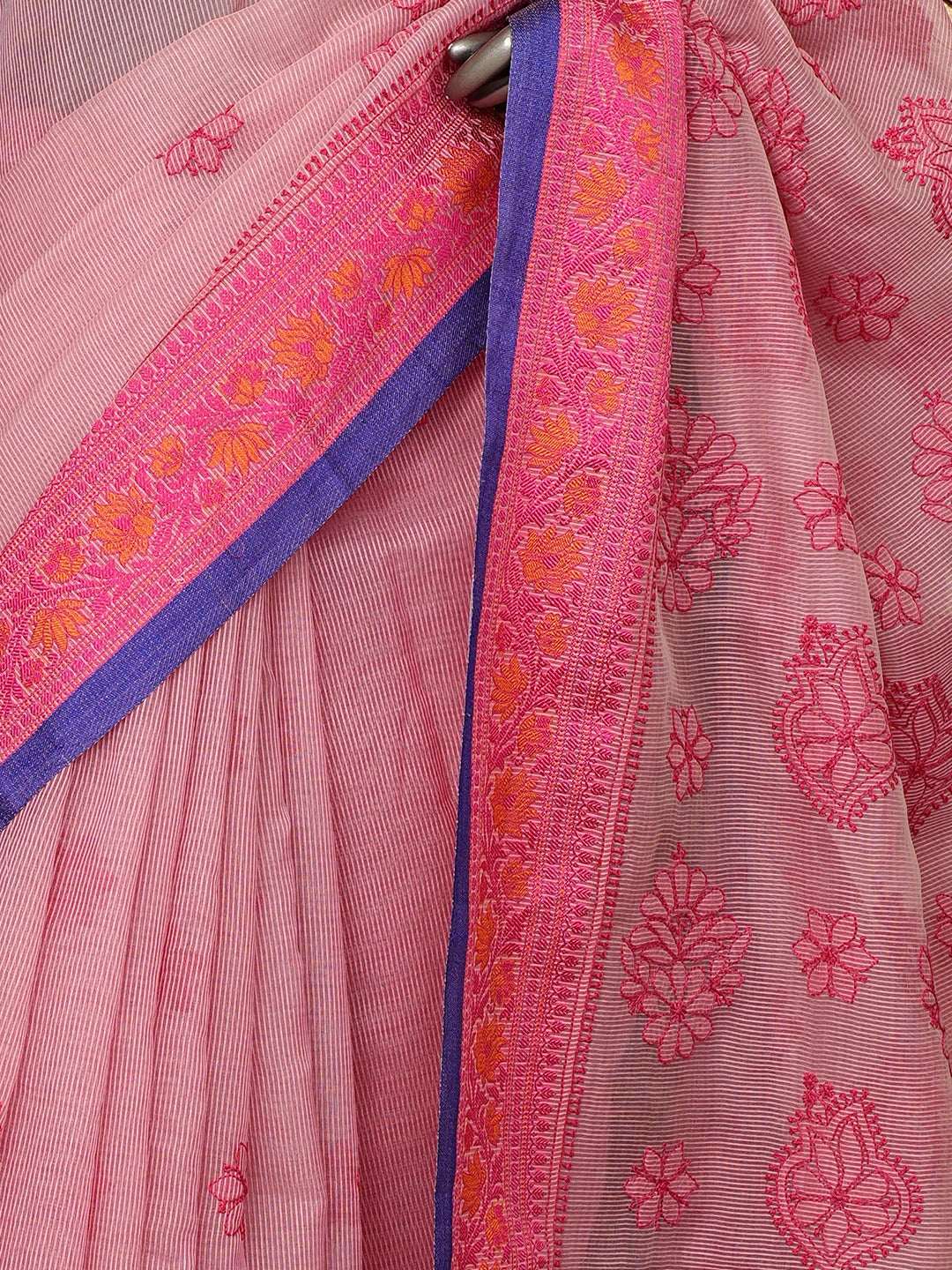Ada Hand Embroidered Onion Pink Kota Chanderi Lucknowi Chikankari Saree and Blouse 01A798582