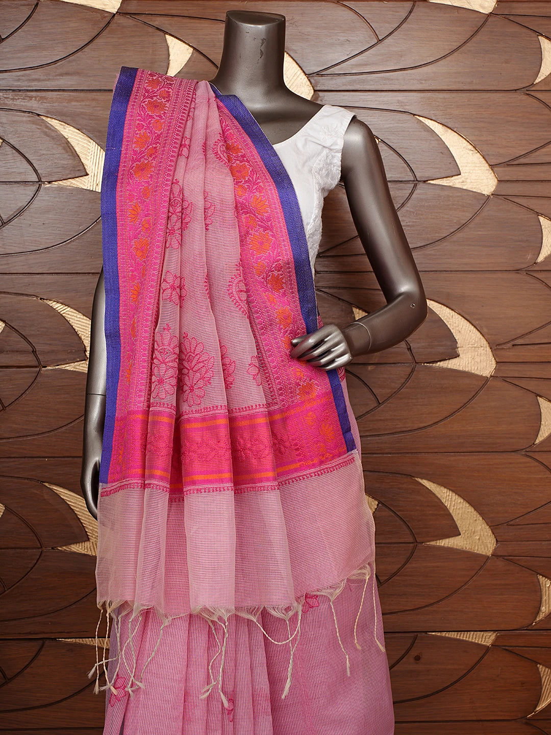 Ada Hand Embroidered Onion Pink Kota Chanderi Lucknowi Chikankari Saree and Blouse 01A798582