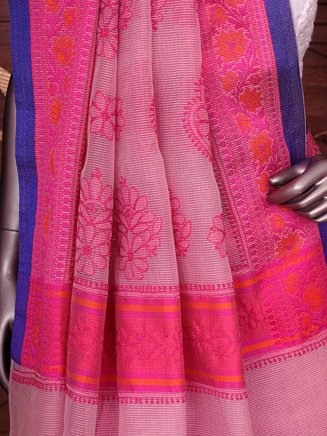 Ada Hand Embroidered Onion Pink Kota Chanderi Lucknowi Chikankari Saree and Blouse 01A798582