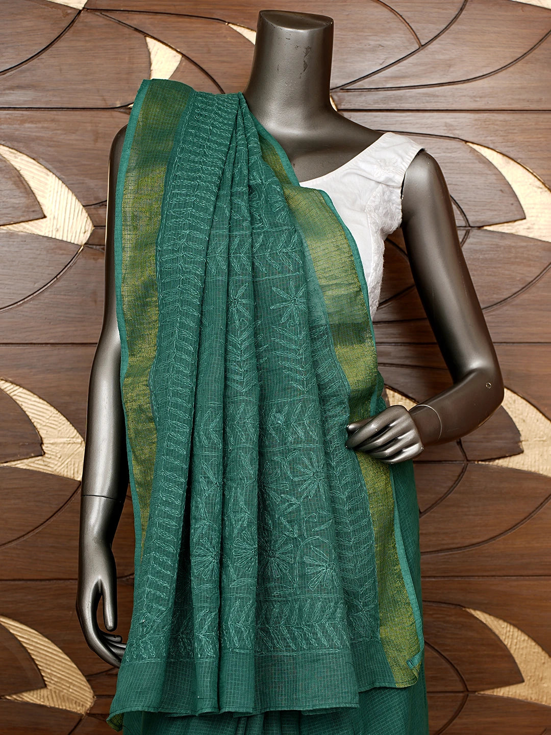 Ada Hand Embroidered Sacramento Green Kota Lucknowi Chikankari Saree With Blouse 01A525415