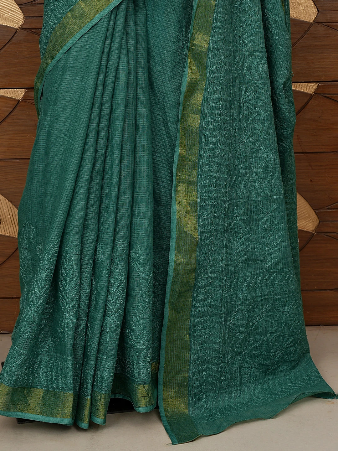 Ada Hand Embroidered Sacramento Green Kota Lucknowi Chikankari Saree With Blouse 01A525415