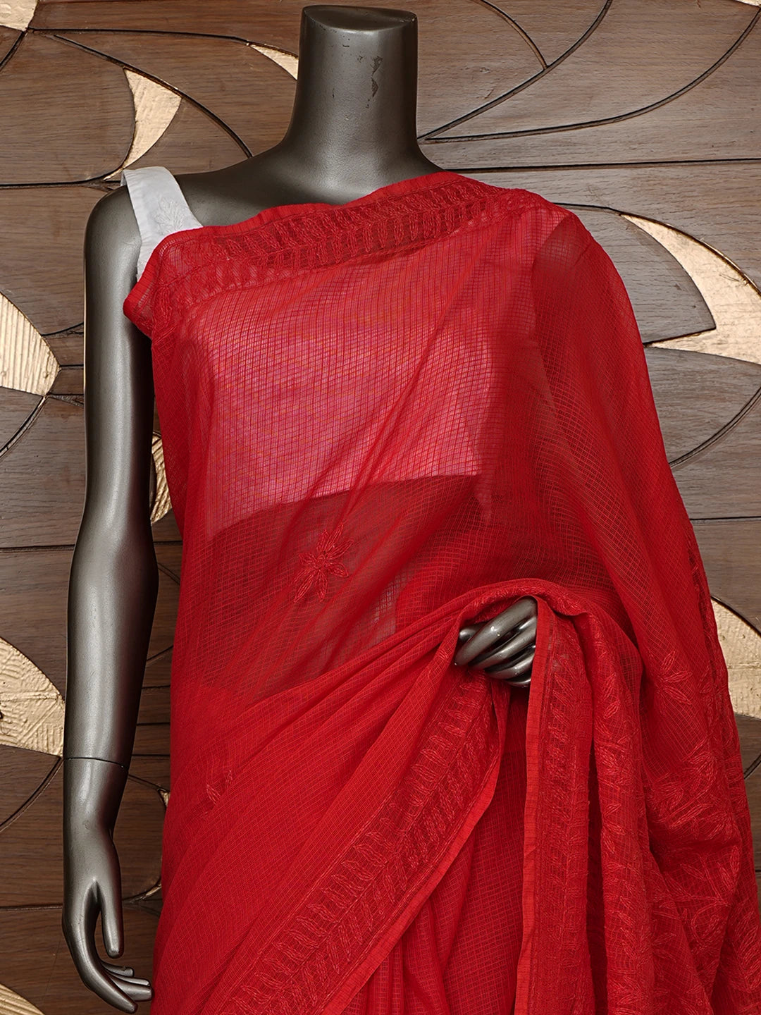 Ada Hand Embroidered Red Kota Lucknowi Chikankari Saree With Blouse 01A810481