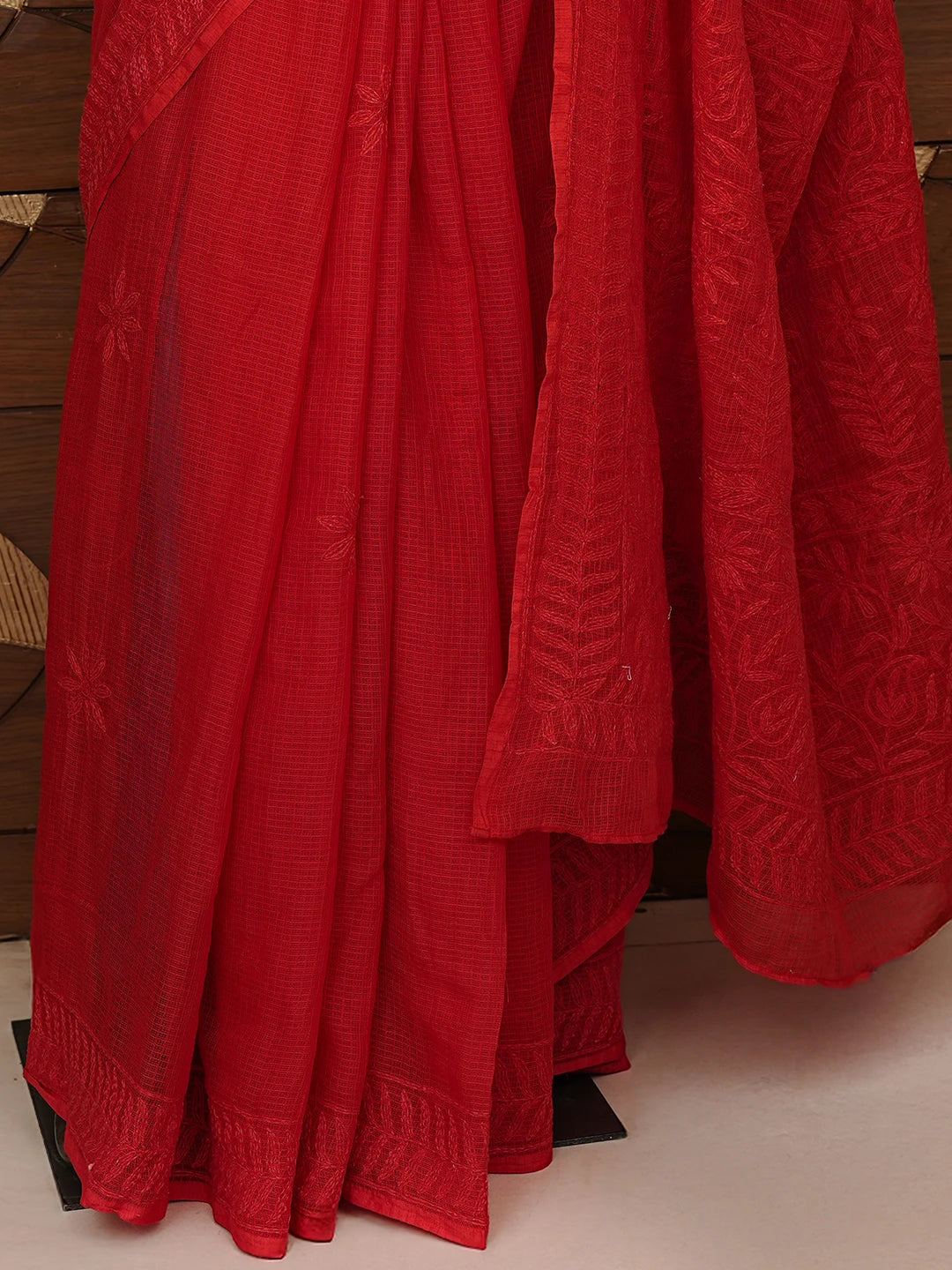 Ada Hand Embroidered Red Kota Lucknowi Chikankari Saree With Blouse 01A810481