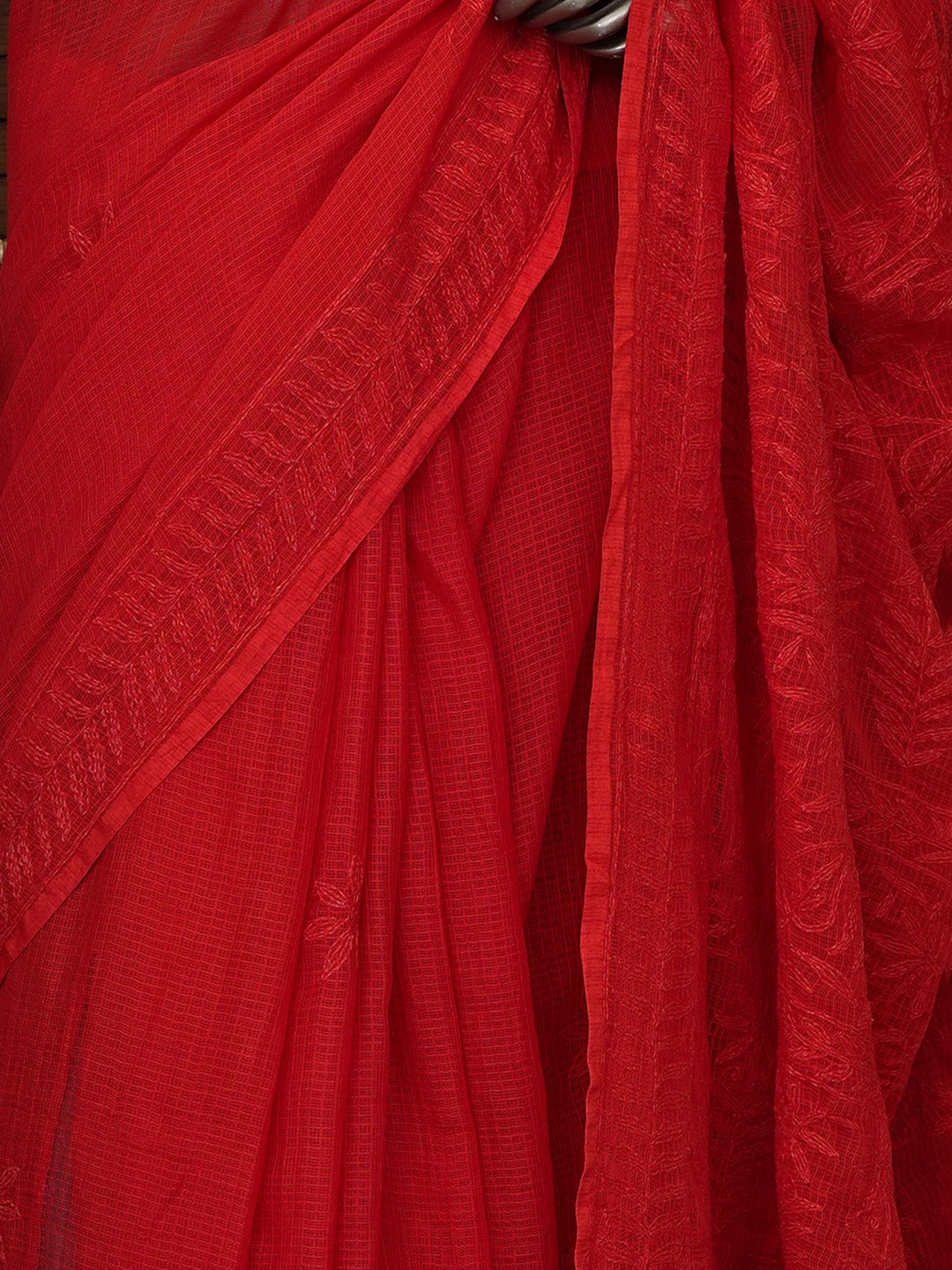 Ada Hand Embroidered Red Kota Lucknowi Chikankari Saree With Blouse 01A810481