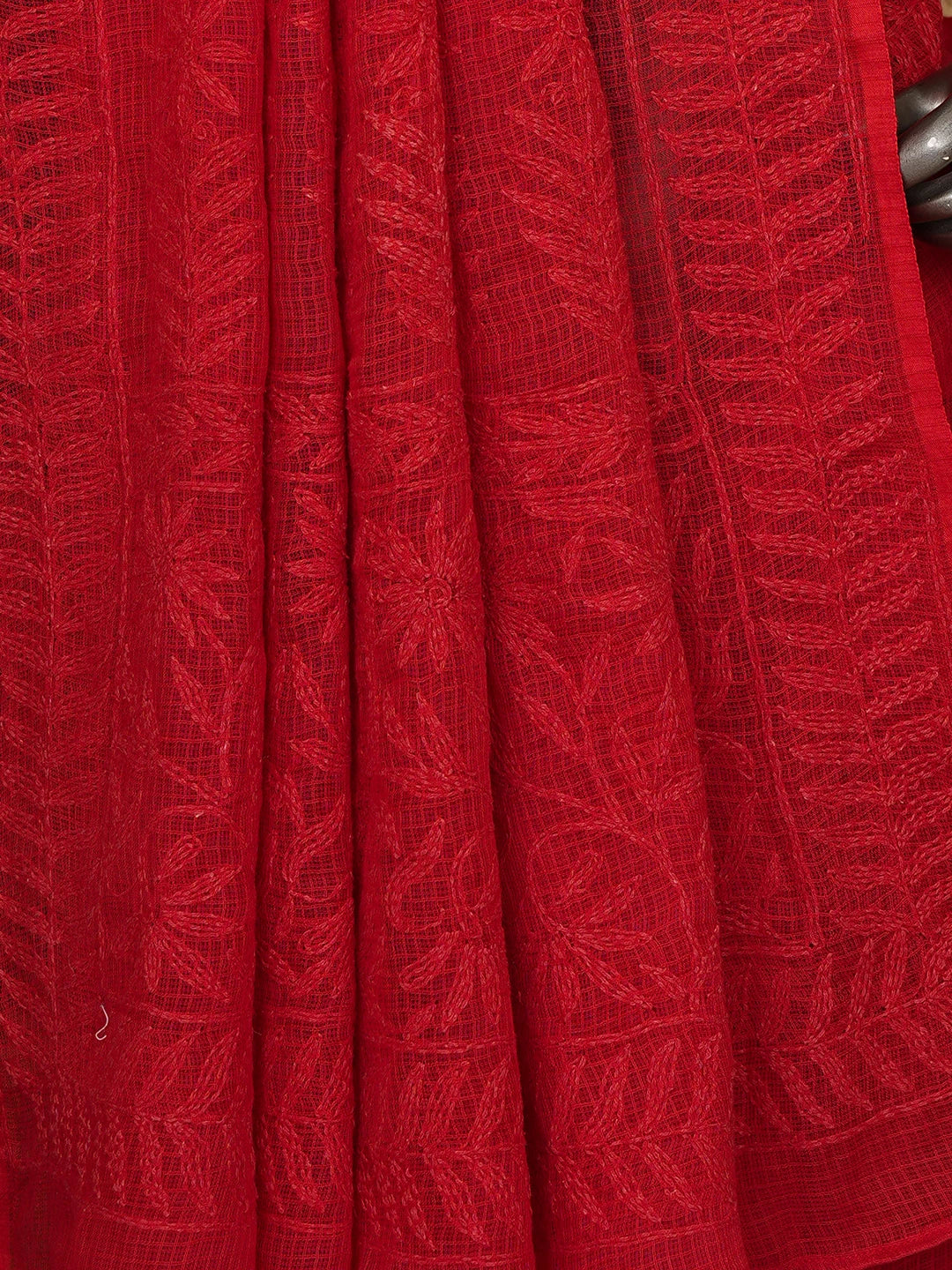 Ada Hand Embroidered Red Kota Lucknowi Chikankari Saree With Blouse 01A810481