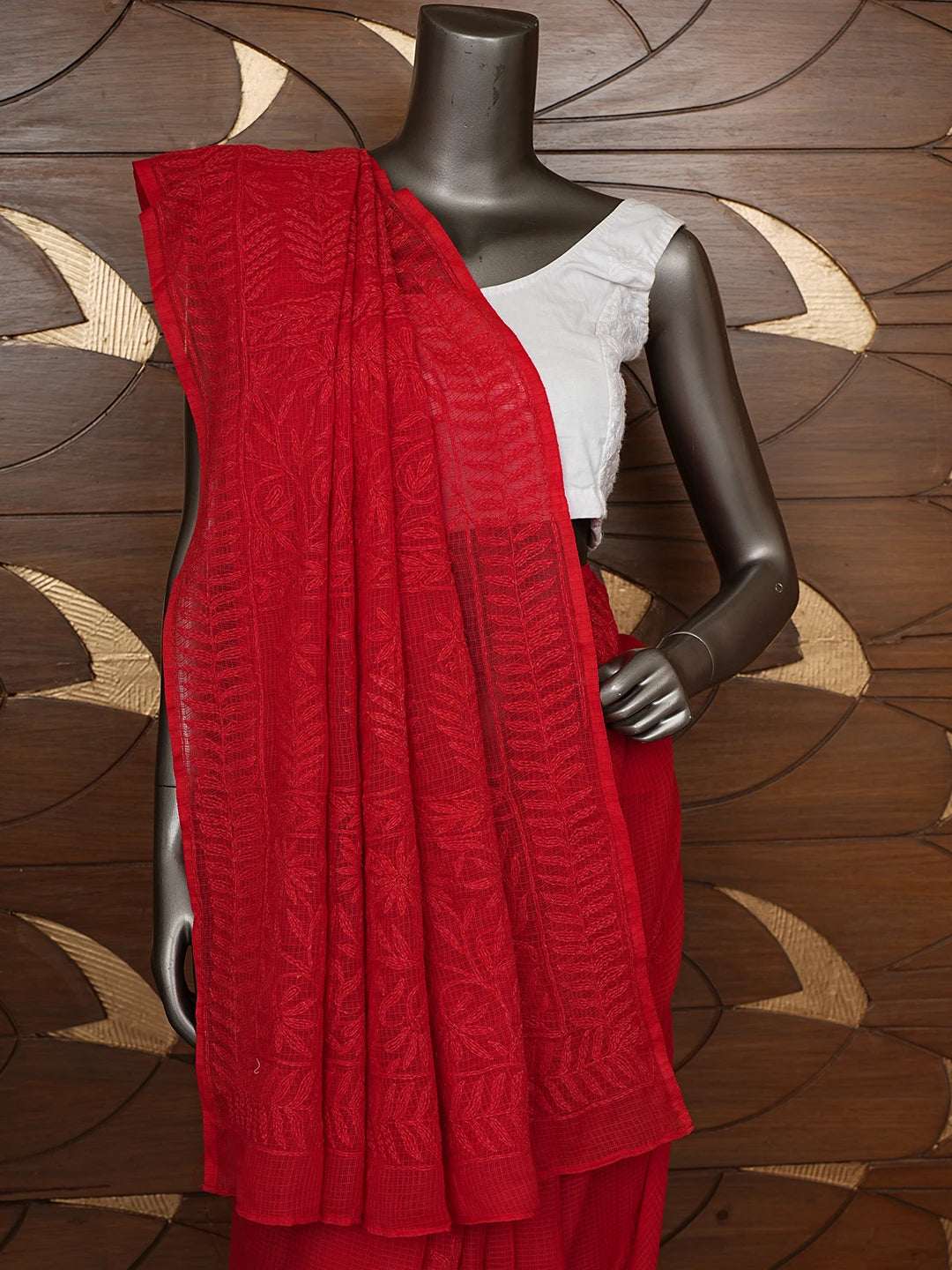 Ada Hand Embroidered Red Kota Lucknowi Chikankari Saree With Blouse 01A810481