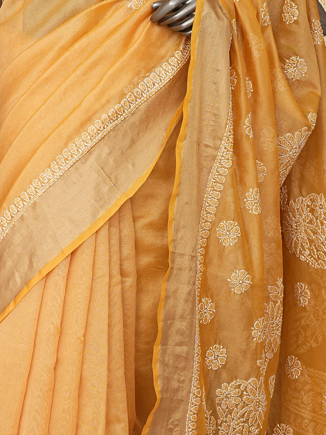 Ada Hand Embroidered Mustard Chanderi Lucknowi Chikankari Saree and Blouse 01A854994