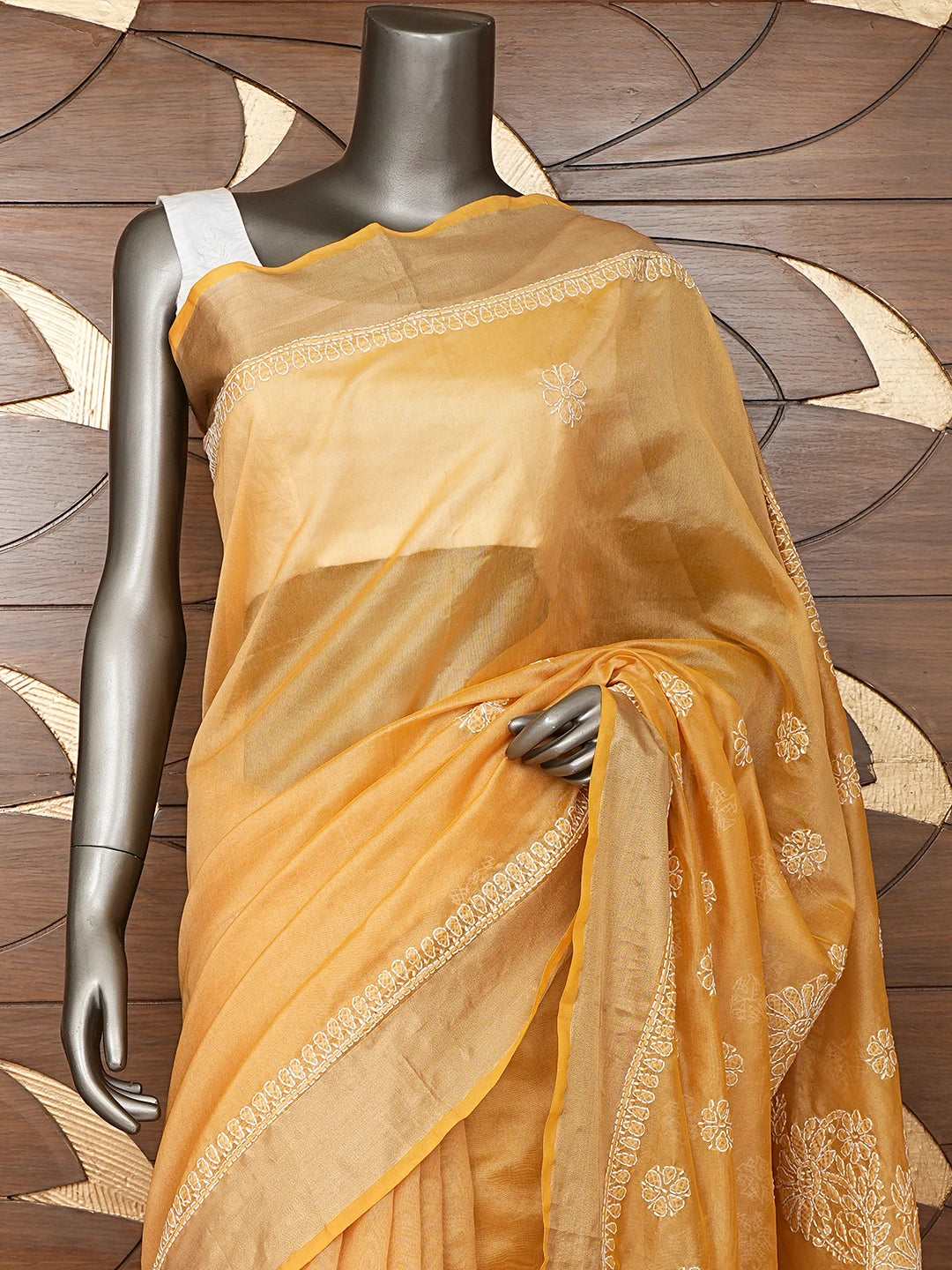 Ada Hand Embroidered Mustard Chanderi Lucknowi Chikankari Saree and Blouse 01A854994