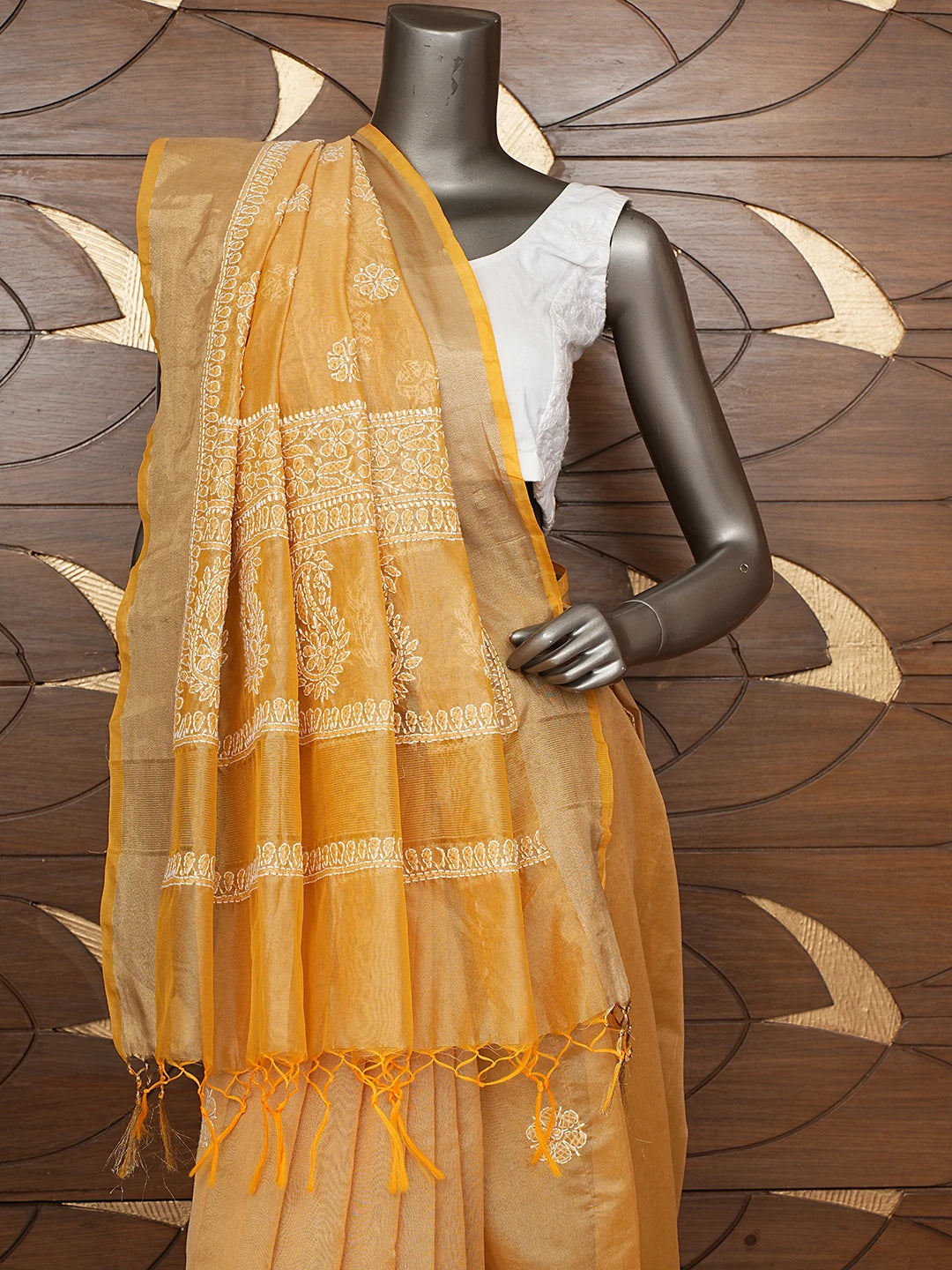 Ada Hand Embroidered Mustard Chanderi Lucknowi Chikankari Saree and Blouse 01A854994