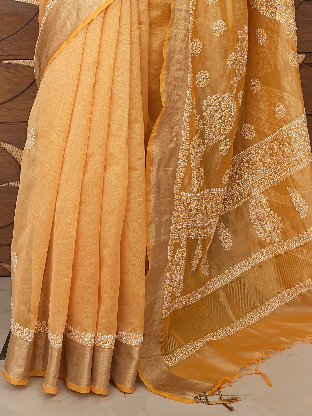 Ada Hand Embroidered Mustard Chanderi Lucknowi Chikankari Saree and Blouse 01A854994