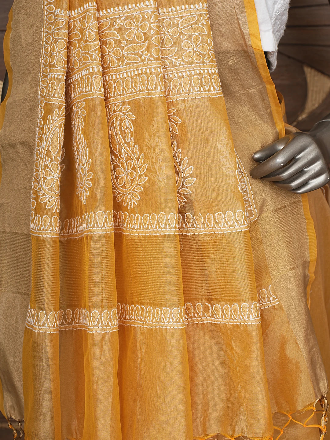 Ada Hand Embroidered Mustard Chanderi Lucknowi Chikankari Saree and Blouse 01A854994