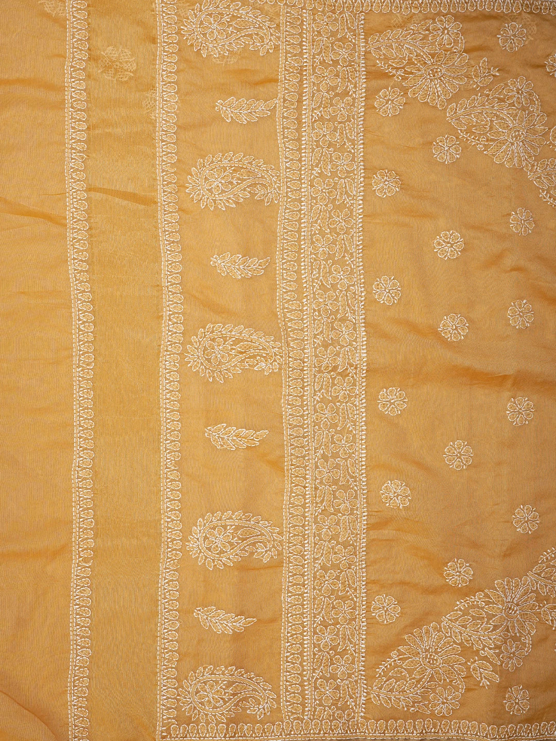 Ada Hand Embroidered Mustard Chanderi Lucknowi Chikankari Saree and Blouse 01A854994