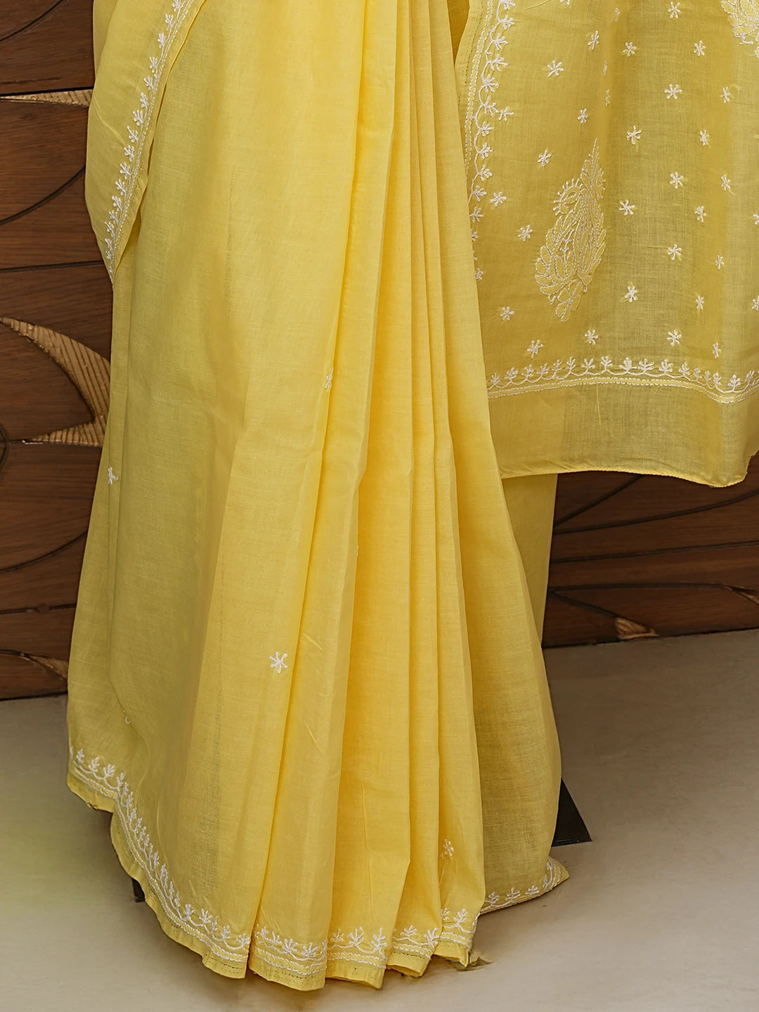 Ada Hand Embroidered Yellow Cotton Lucknowi Chikankari Saree With Blouse 01A760489
