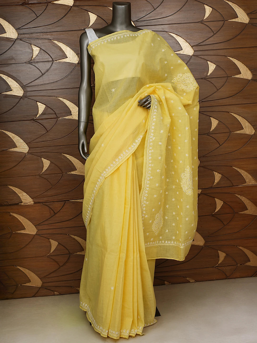 Ada Hand Embroidered Yellow Cotton Lucknowi Chikankari Saree With Blouse 01A760489