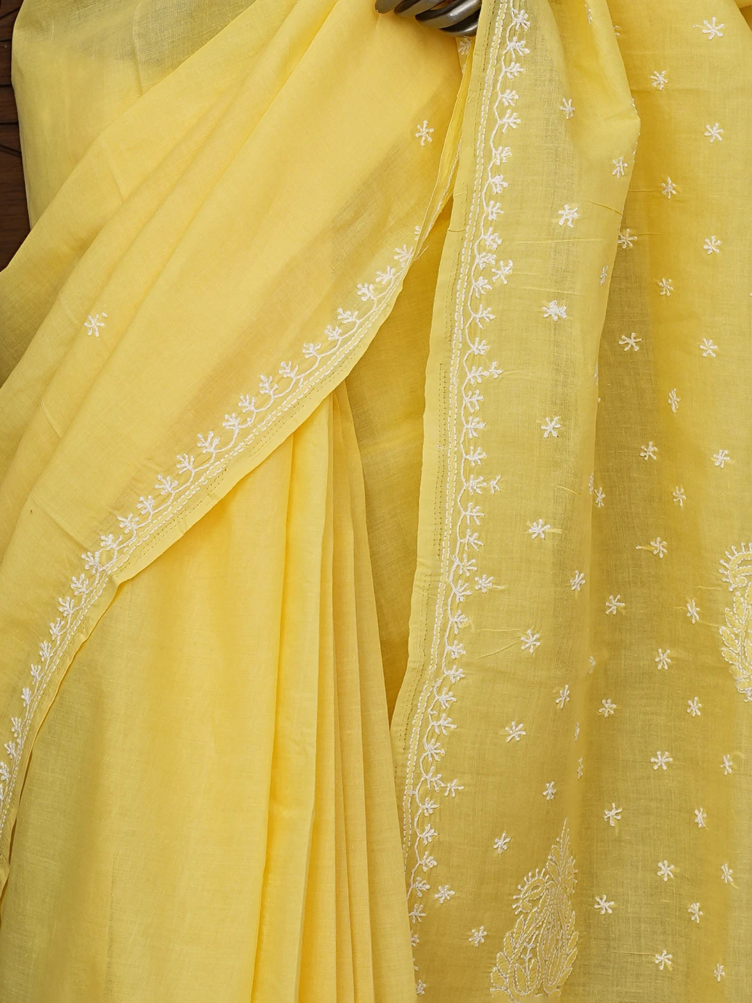 Ada Hand Embroidered Yellow Cotton Lucknowi Chikankari Saree With Blouse 01A760489