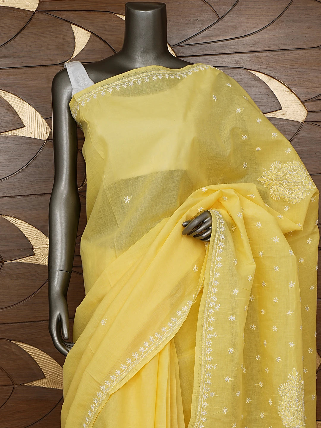Ada Hand Embroidered Yellow Cotton Lucknowi Chikankari Saree With Blouse 01A760489