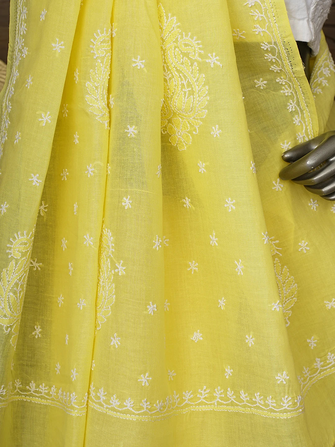 Ada Hand Embroidered Yellow Cotton Lucknowi Chikankari Saree With Blouse 01A760489