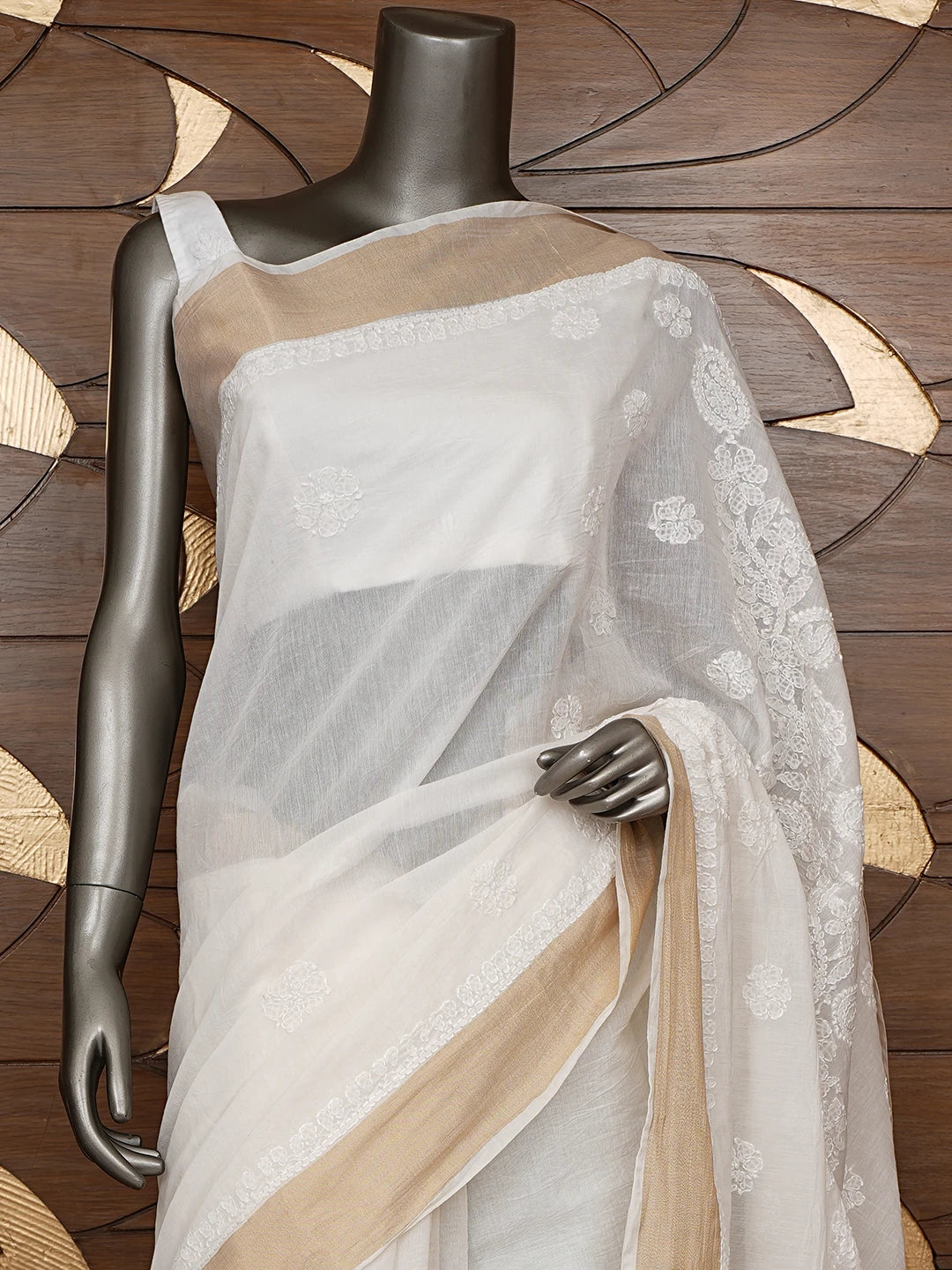 Ada Hand Embroidered White Chanderi Lucknowi Chikankari Saree With Blouse 01A833038