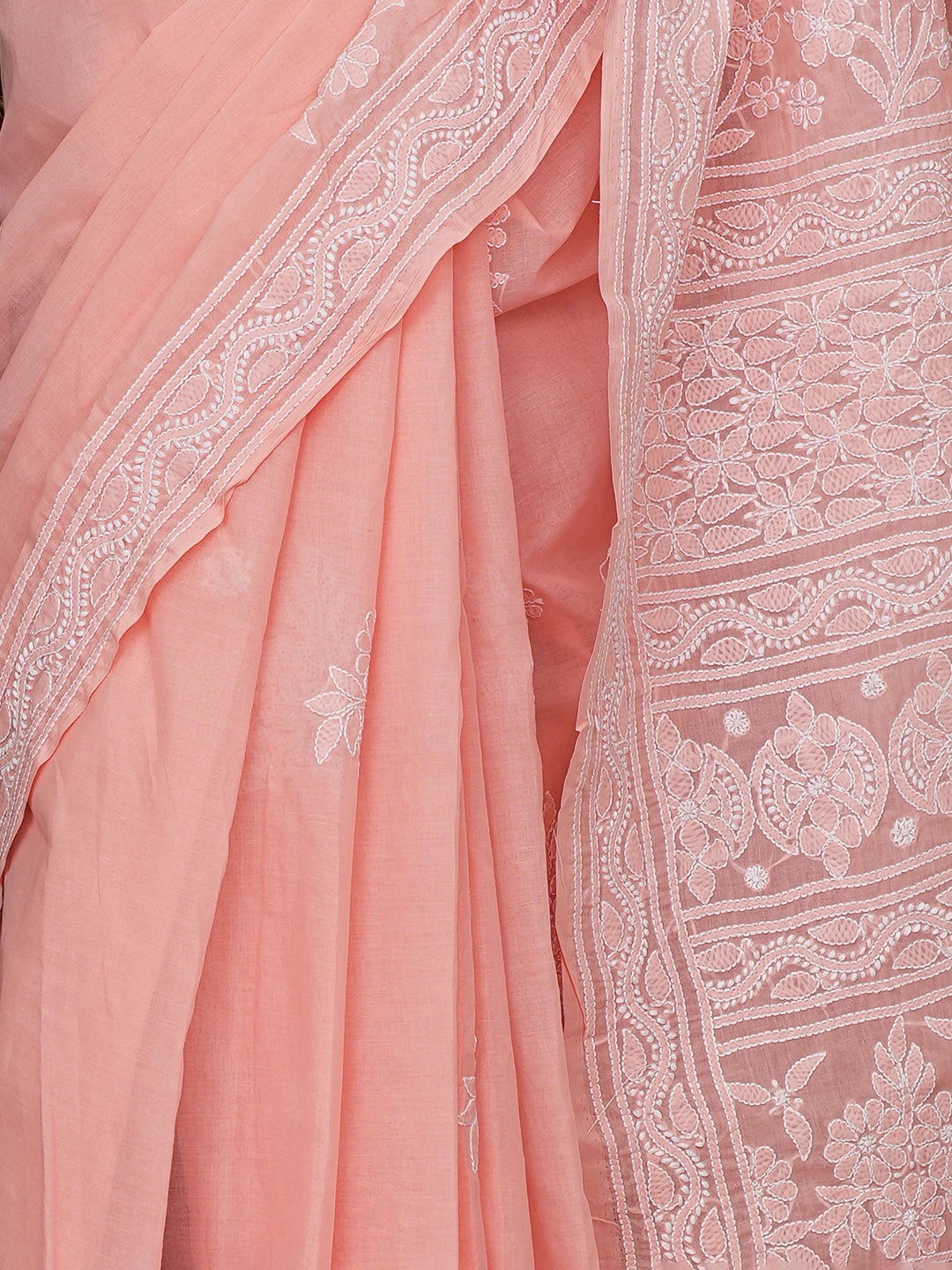 Ada Hand Embroidered Pastel Peach Cotton Lucknowi Chikankari Saree With Blouse 01A839139