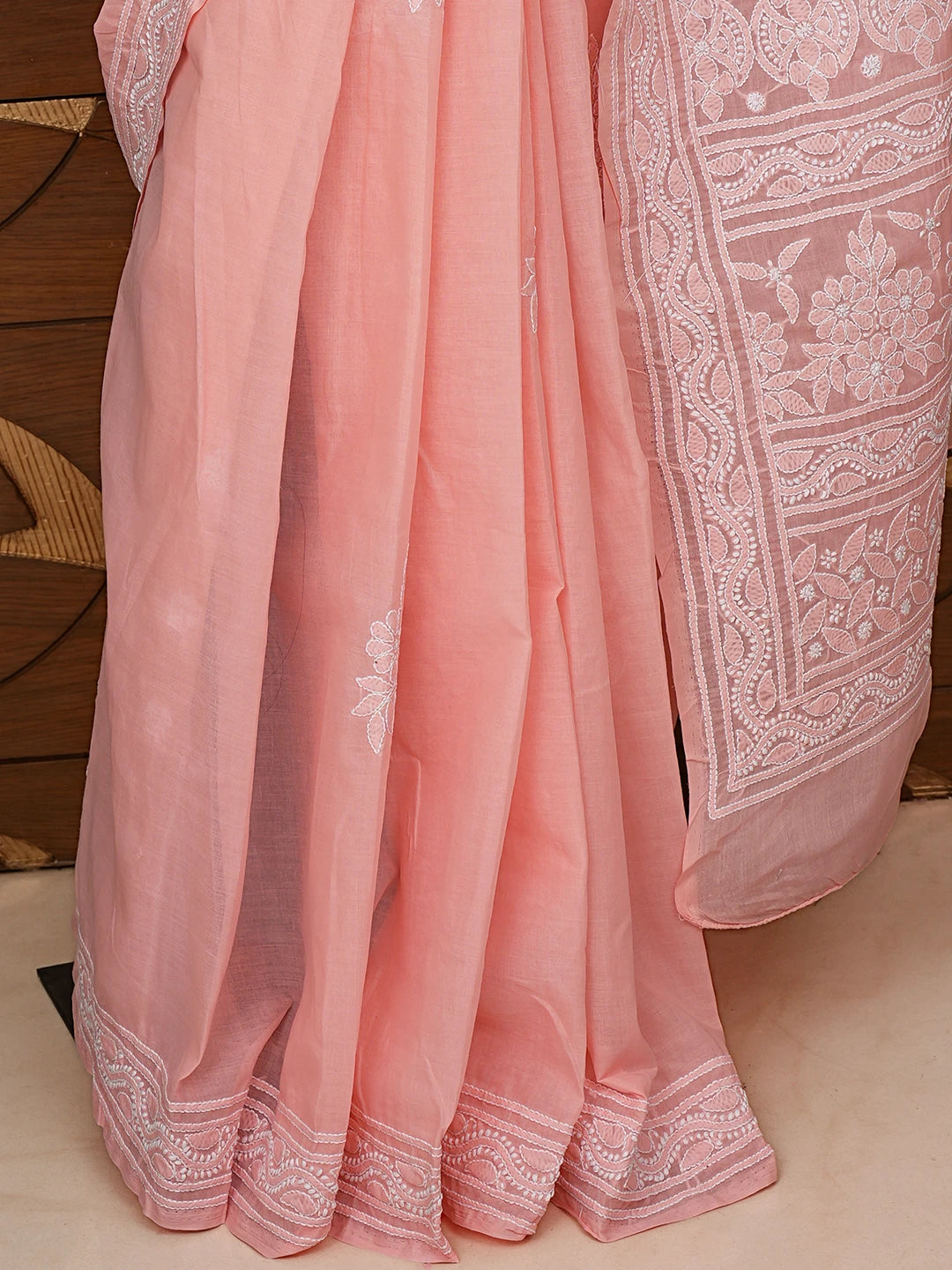 Ada Hand Embroidered Pastel Peach Cotton Lucknowi Chikankari Saree With Blouse 01A839139