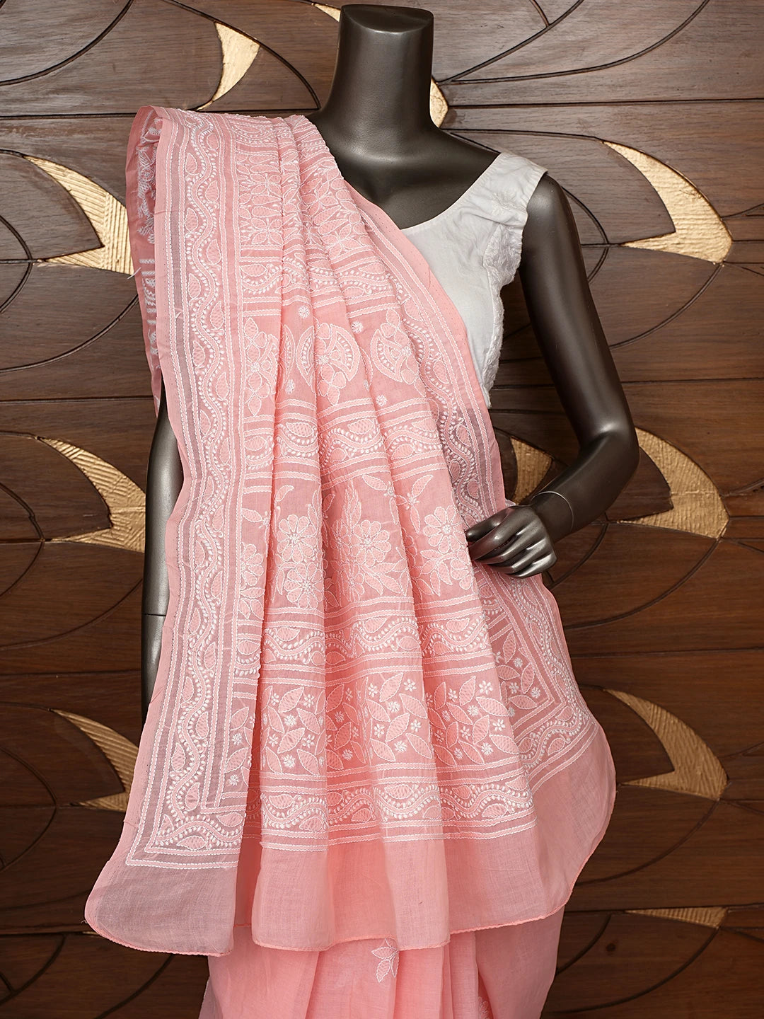 Ada Hand Embroidered Pastel Peach Cotton Lucknowi Chikankari Saree With Blouse 01A839139