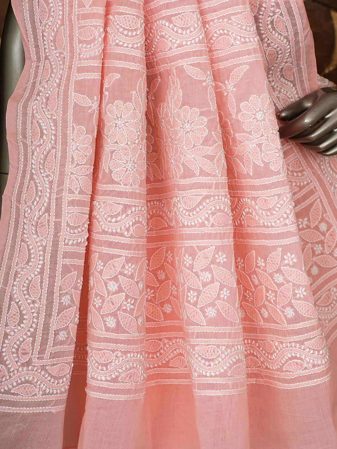 Ada Hand Embroidered Pastel Peach Cotton Lucknowi Chikankari Saree With Blouse 01A839139