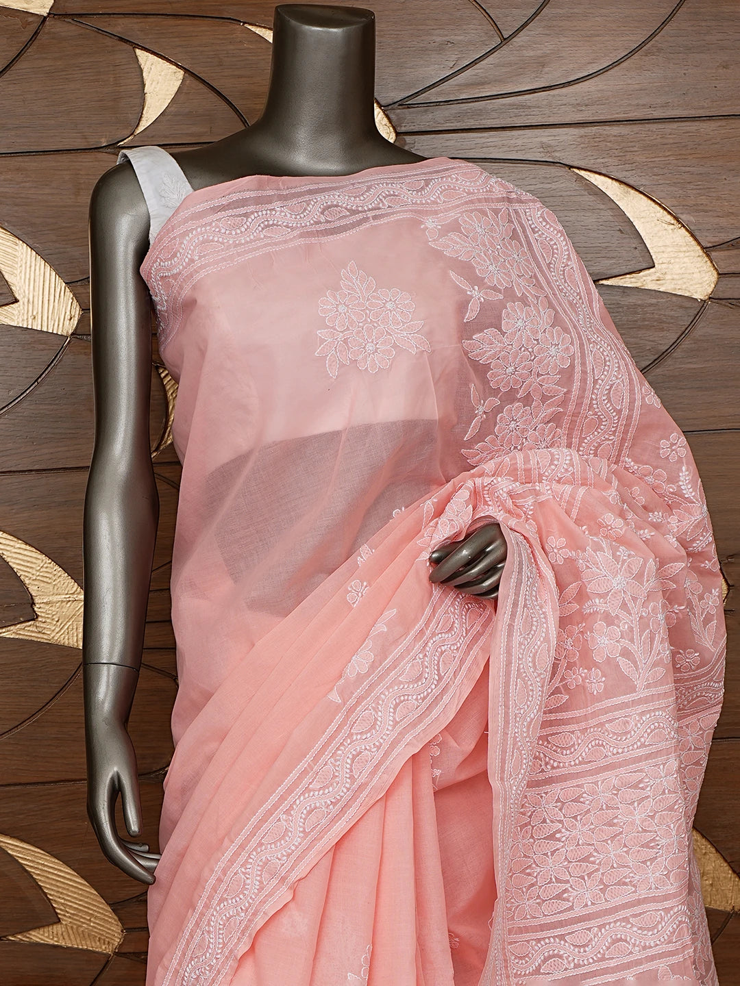 Ada Hand Embroidered Pastel Peach Cotton Lucknowi Chikankari Saree With Blouse 01A839139