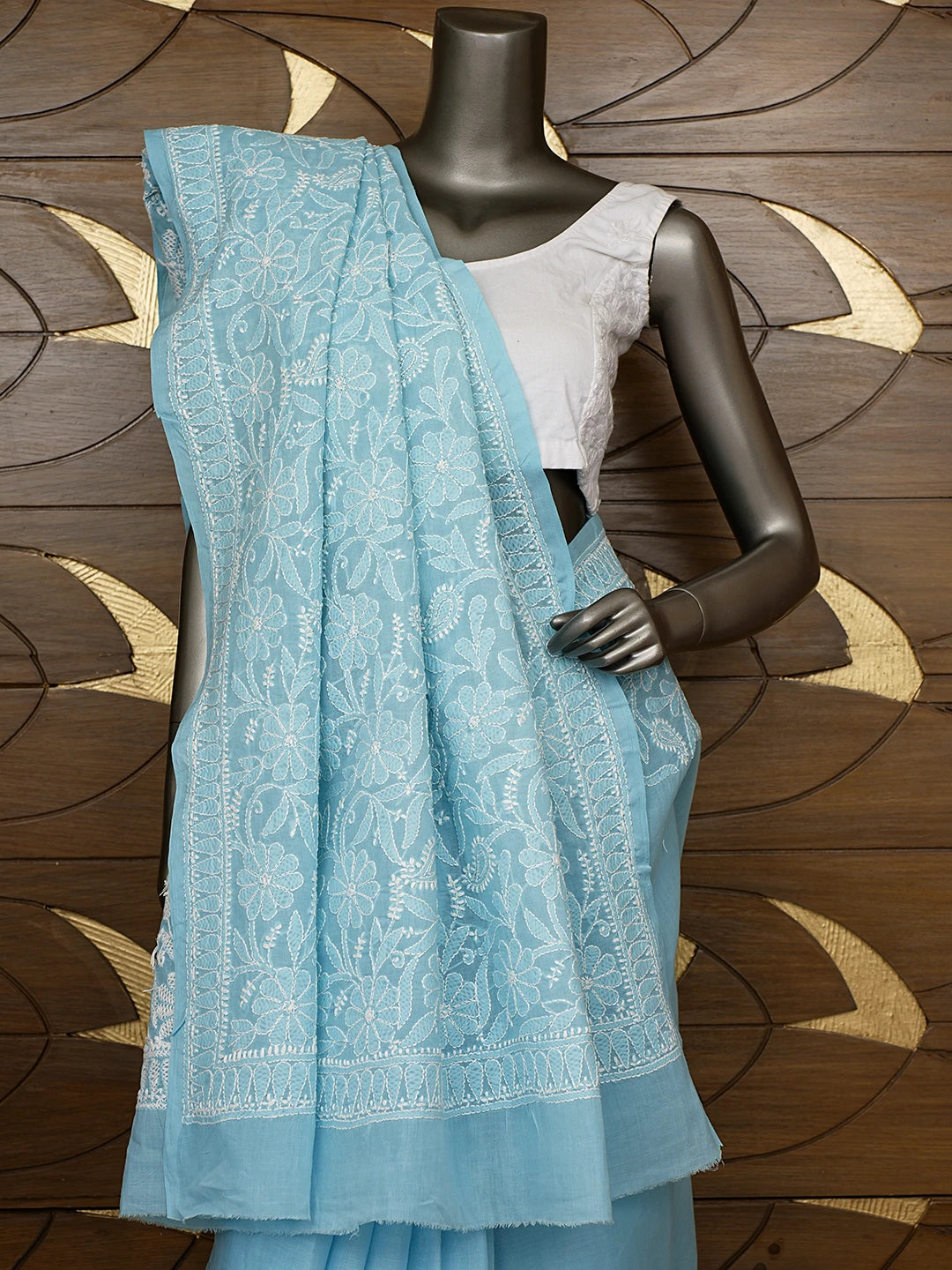 Ada Hand Embroidered Blue Cotton Lucknowi Chikankari Saree With Blouse 01A767241