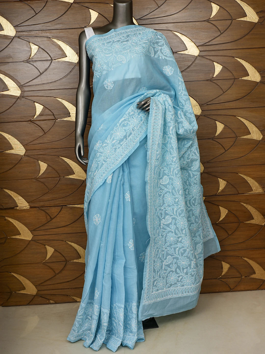 Ada Hand Embroidered Blue Cotton Lucknowi Chikankari Saree With Blouse 01A767241