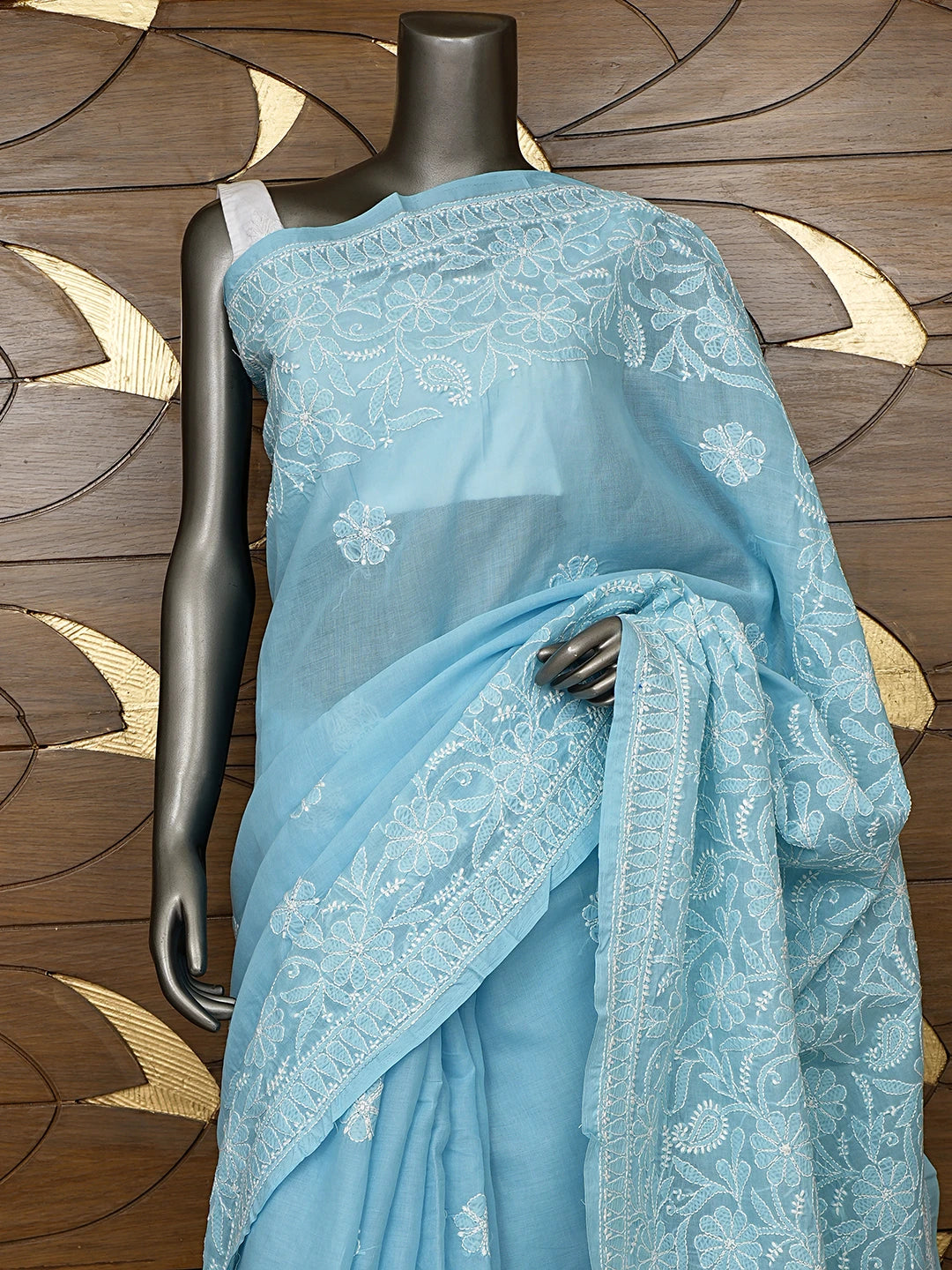 Ada Hand Embroidered Blue Cotton Lucknowi Chikankari Saree With Blouse 01A767241