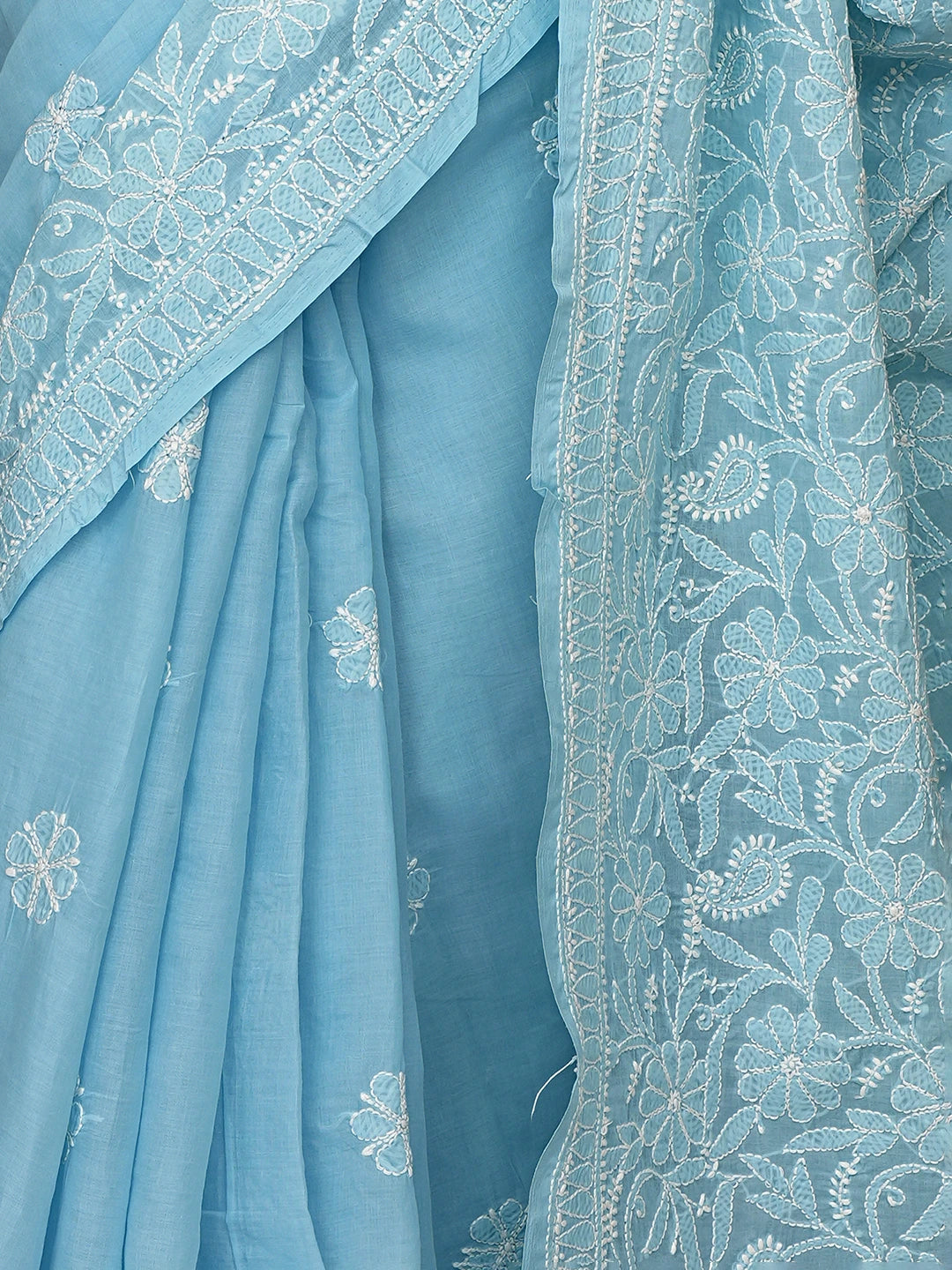 Ada Hand Embroidered Blue Cotton Lucknowi Chikankari Saree With Blouse 01A767241