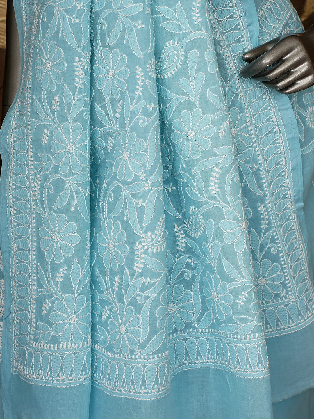 Ada Hand Embroidered Blue Cotton Lucknowi Chikankari Saree With Blouse 01A767241