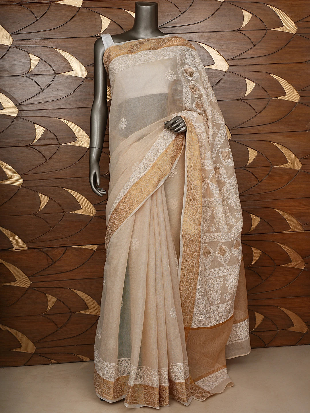 Ada Hand Embroidered Fawn Chanderi Lucknowi Chikankari Saree With Blouse 01A850748