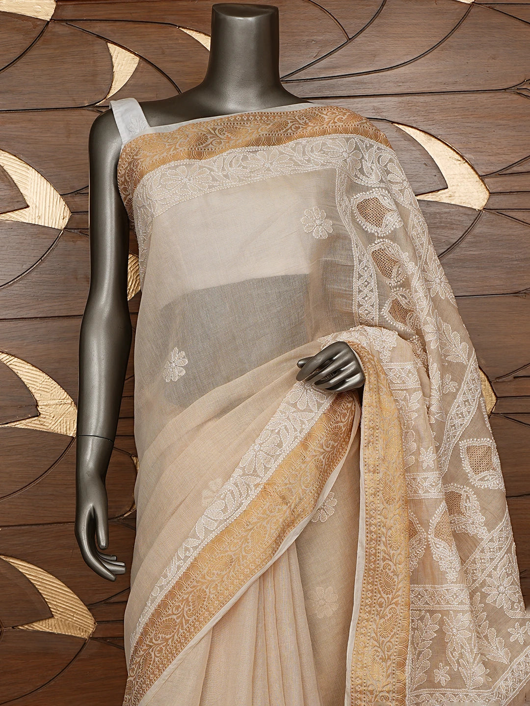 Ada Hand Embroidered Fawn Chanderi Lucknowi Chikankari Saree With Blouse 01A850748