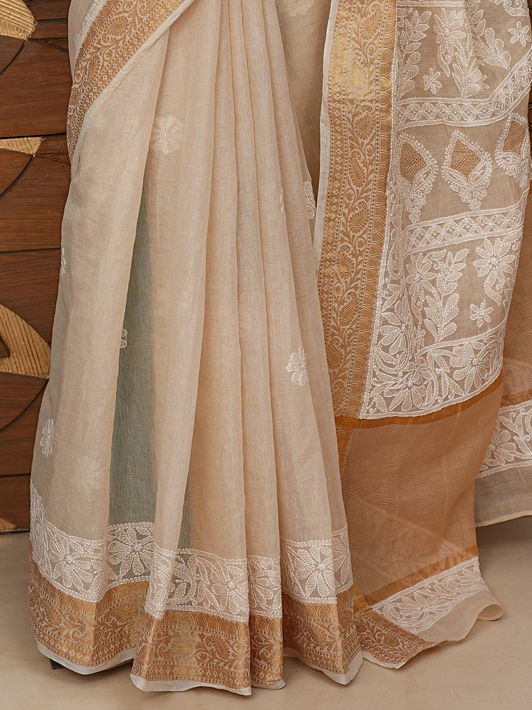 Ada Hand Embroidered Fawn Chanderi Lucknowi Chikankari Saree With Blouse 01A850748
