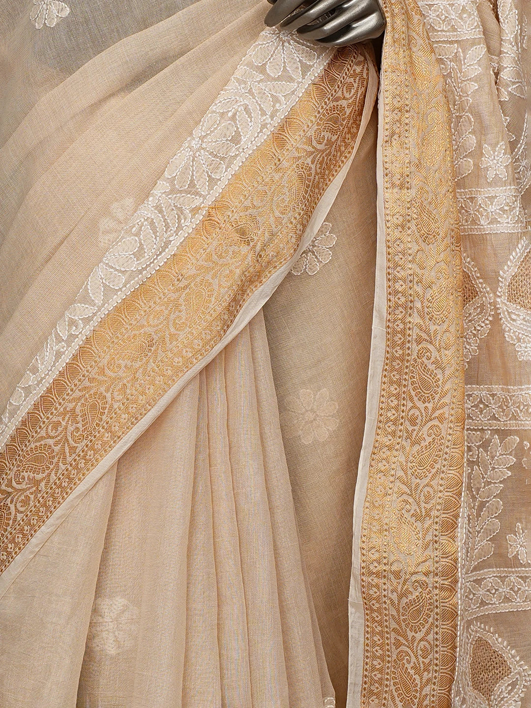 Ada Hand Embroidered Fawn Chanderi Lucknowi Chikankari Saree With Blouse 01A850748