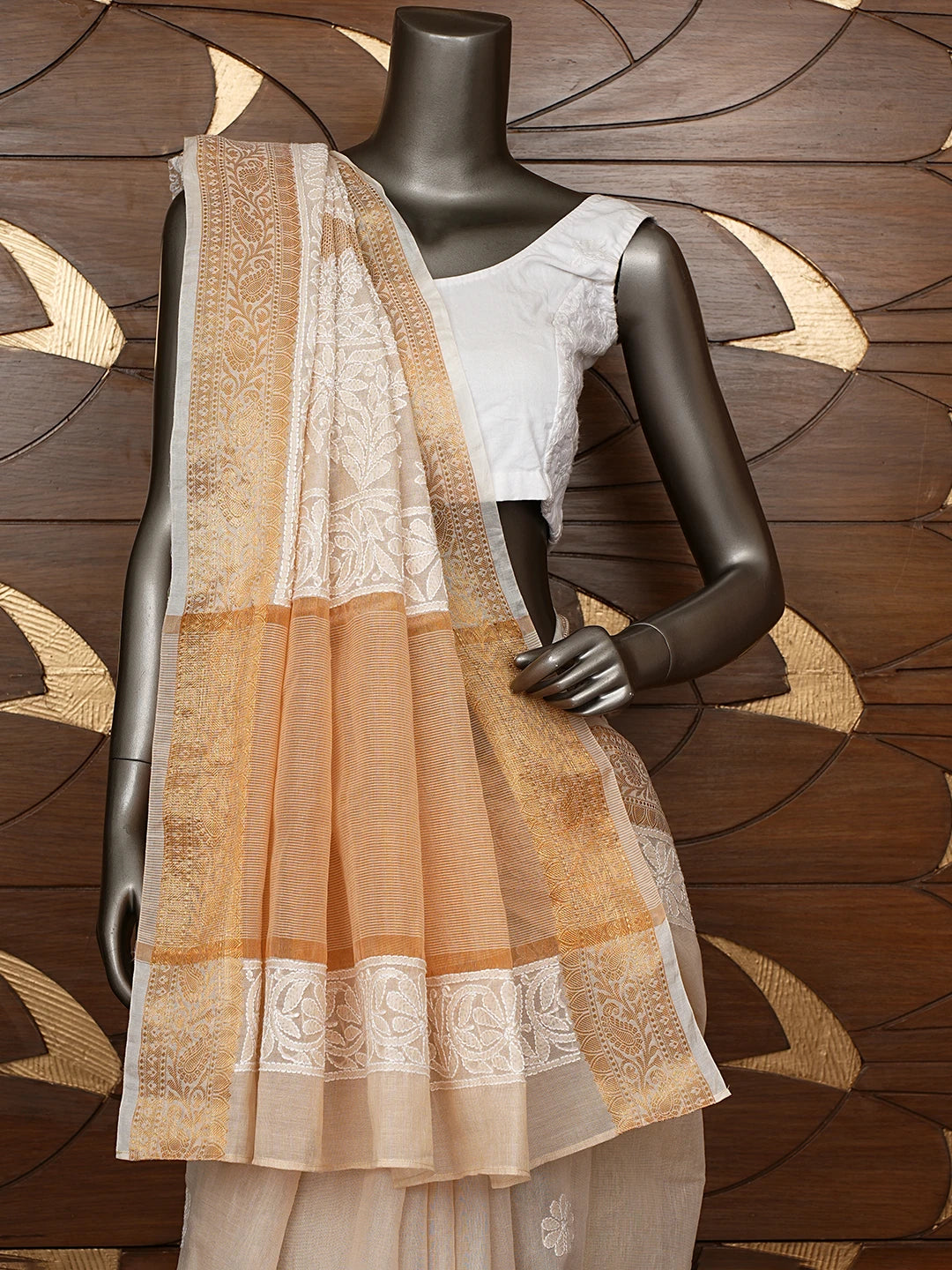 Ada Hand Embroidered Fawn Chanderi Lucknowi Chikankari Saree With Blouse 01A850748