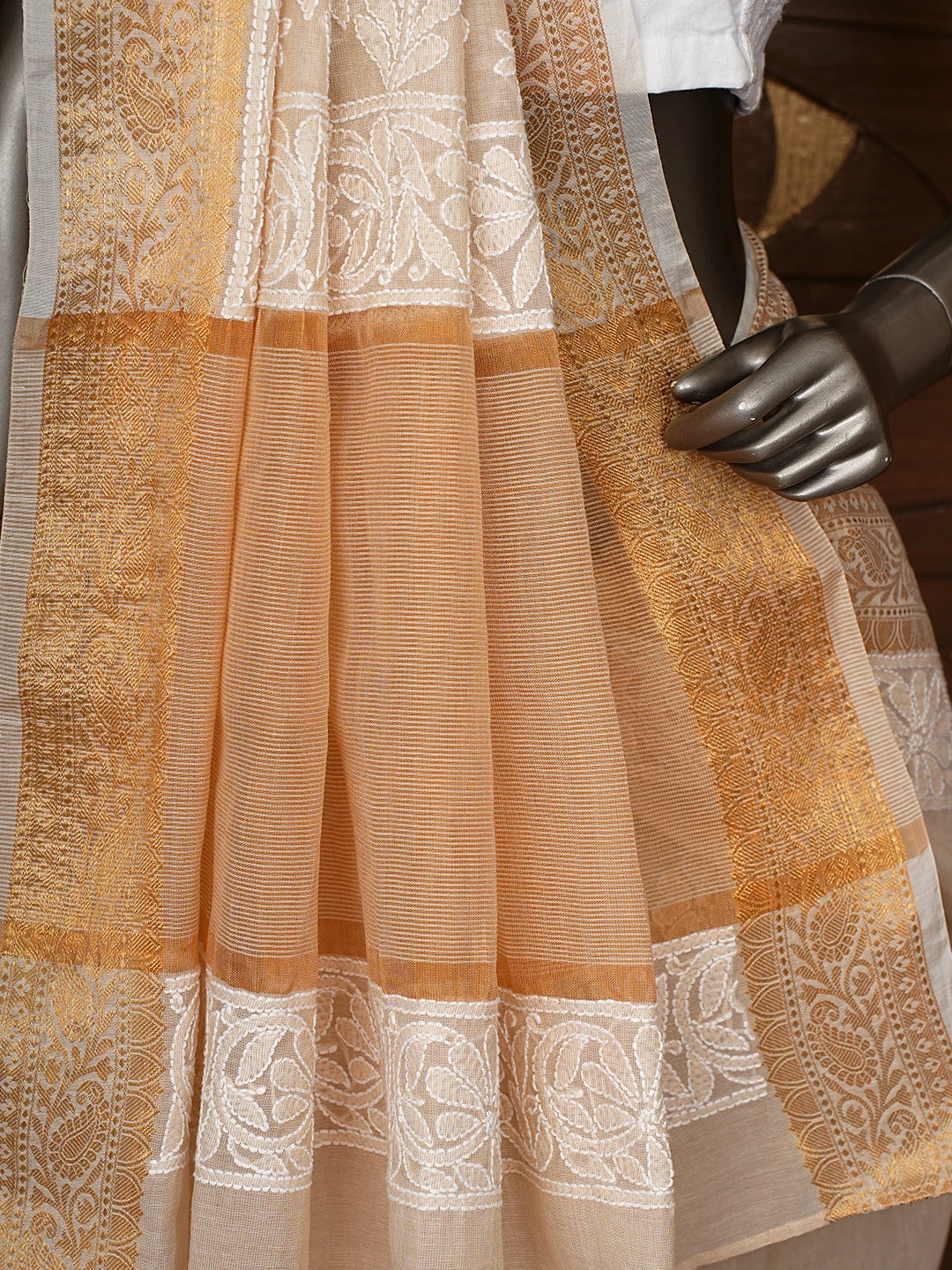 Ada Hand Embroidered Fawn Chanderi Lucknowi Chikankari Saree With Blouse 01A850748