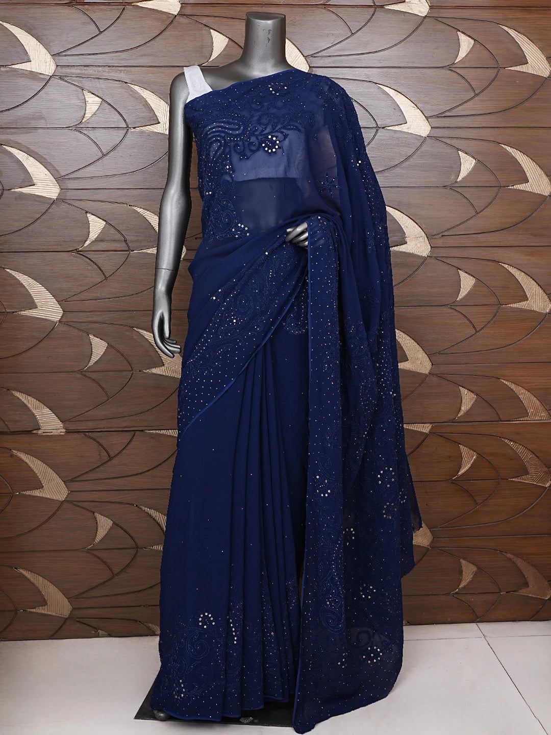 Ada Hand Embroidered Dark Navy Blue Viscose Georgette Lucknowi Chikankari Saree/Blouse With Muqaish Work 01A647571