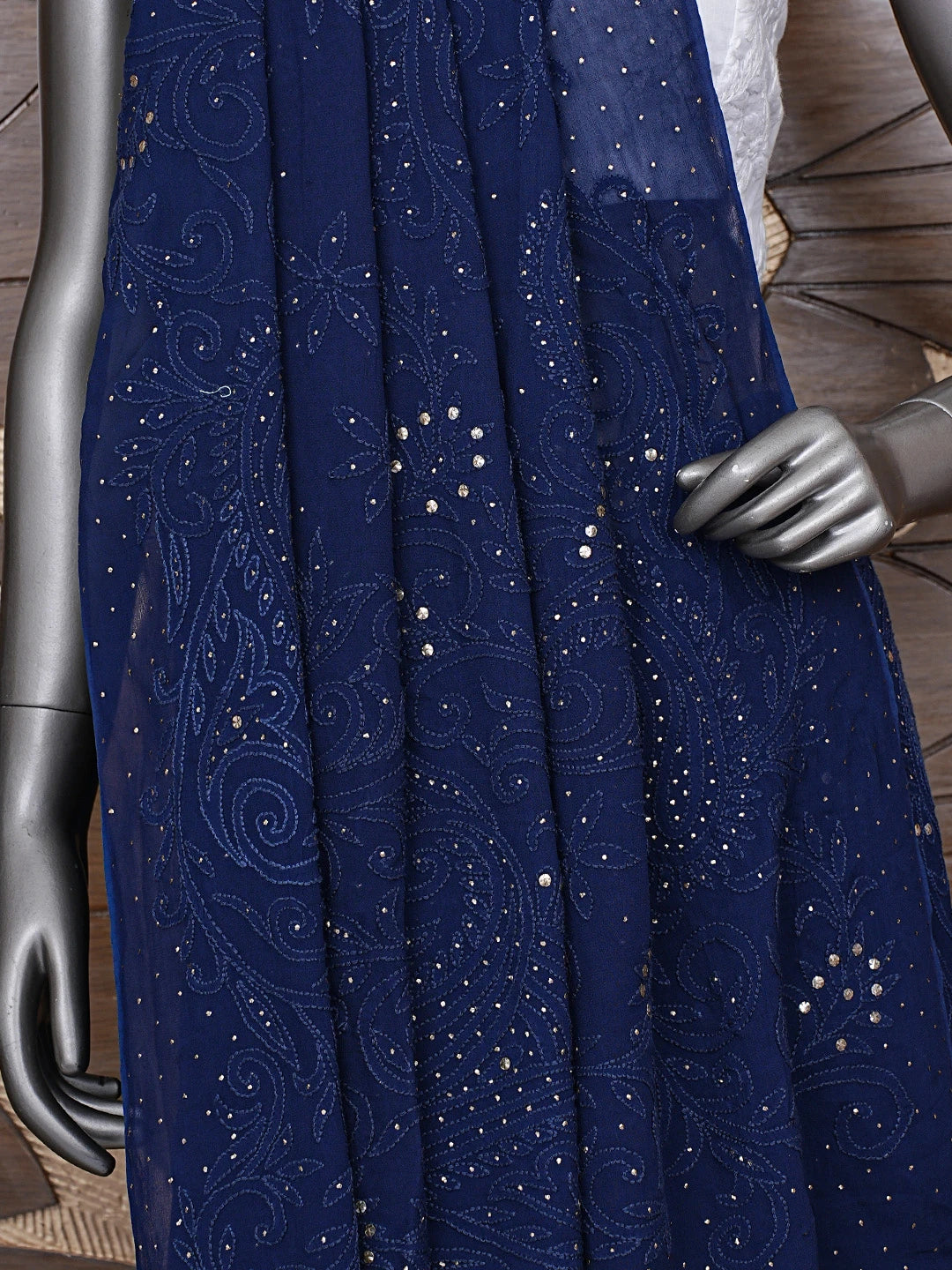 Ada Hand Embroidered Dark Navy Blue Viscose Georgette Lucknowi Chikankari Saree/Blouse With Muqaish Work 01A647571
