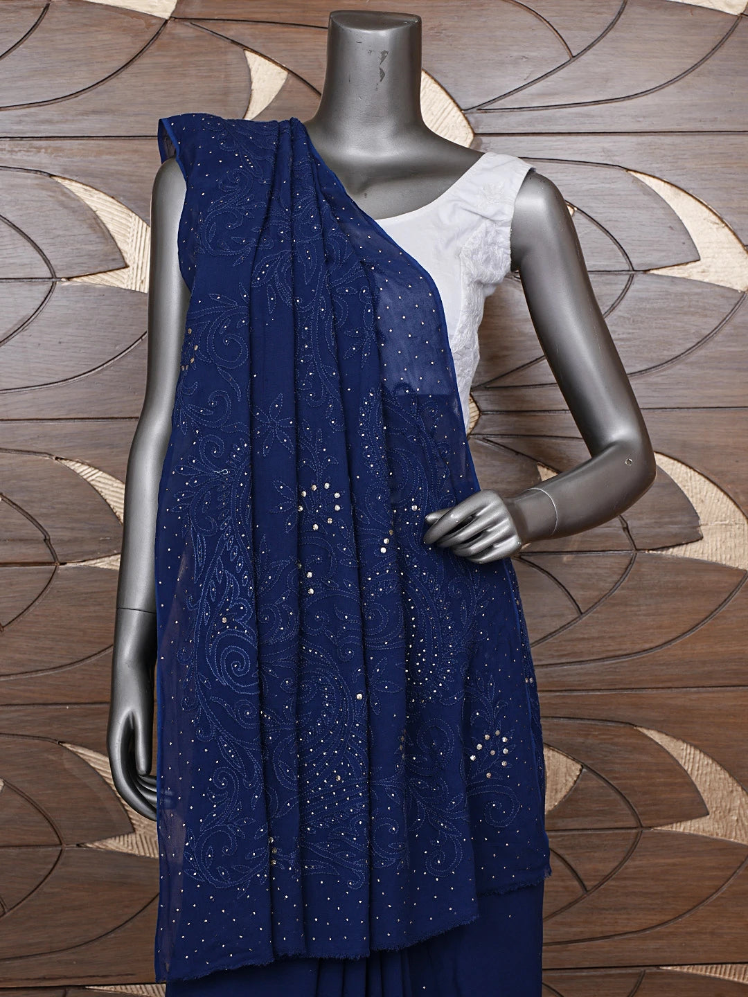 Ada Hand Embroidered Dark Navy Blue Viscose Georgette Lucknowi Chikankari Saree/Blouse With Muqaish Work 01A647571