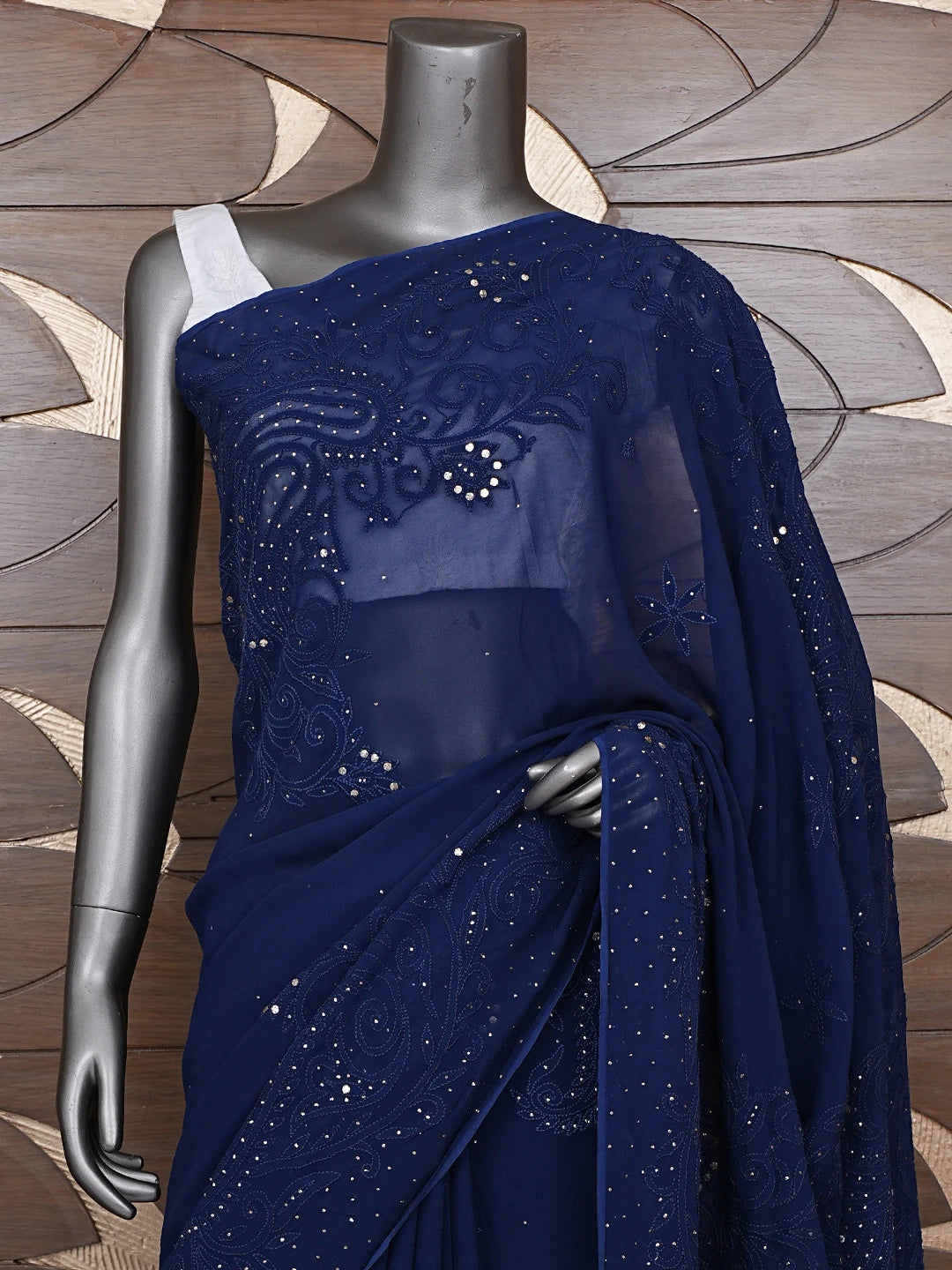 Ada Hand Embroidered Dark Navy Blue Viscose Georgette Lucknowi Chikankari Saree/Blouse With Muqaish Work 01A647571