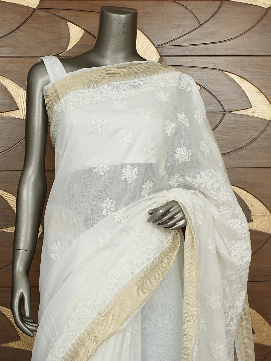Ada Hand Embroidered White Chanderi Lucknowi Chikankari Saree With Blouse 01A833166