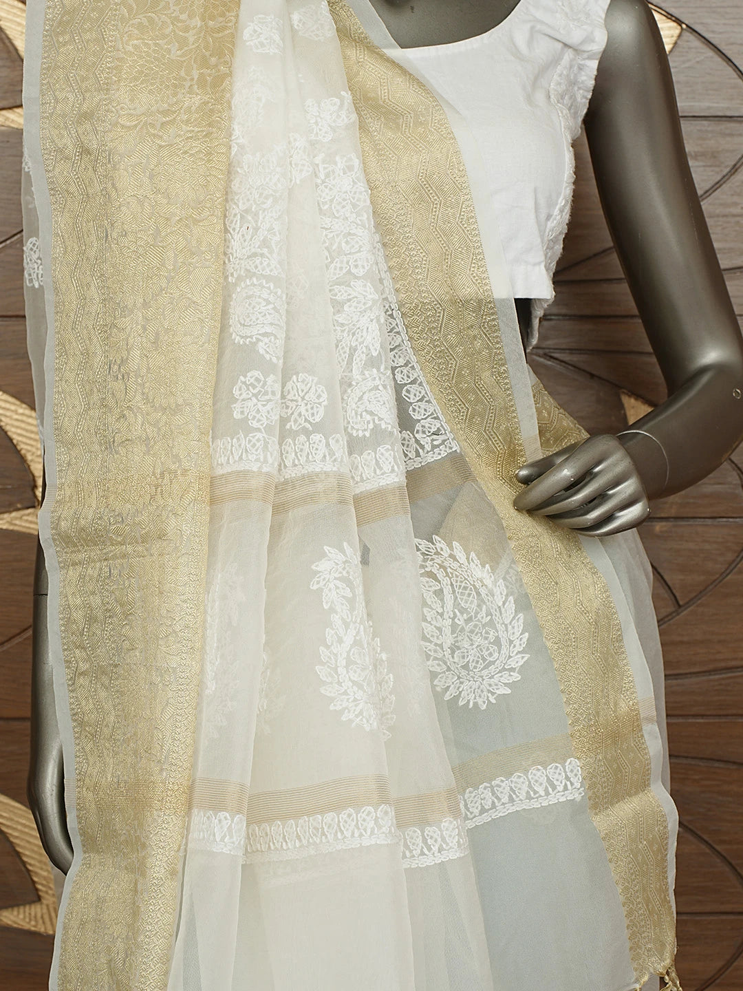 Ada Hand Embroidered White Organza Lucknowi Chikankari Saree With Blouse 01A841750