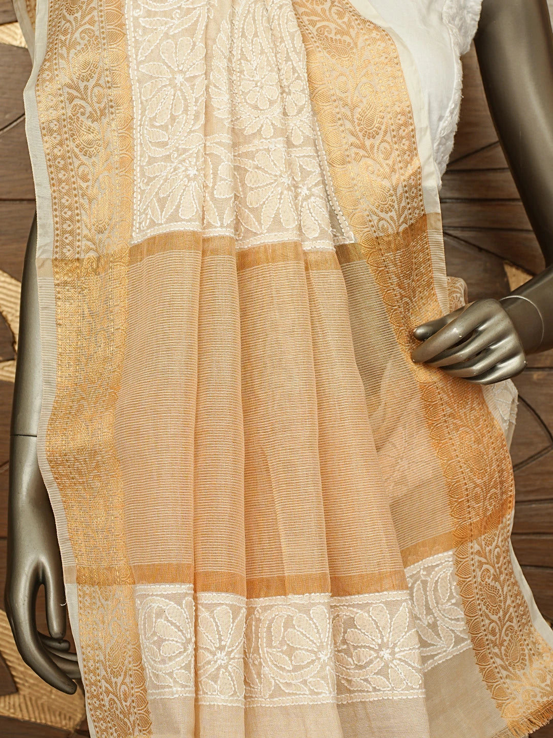 Ada Hand Embroidered Fawn Chanderi Lucknowi Chikankari Saree With Blouse 01A850744