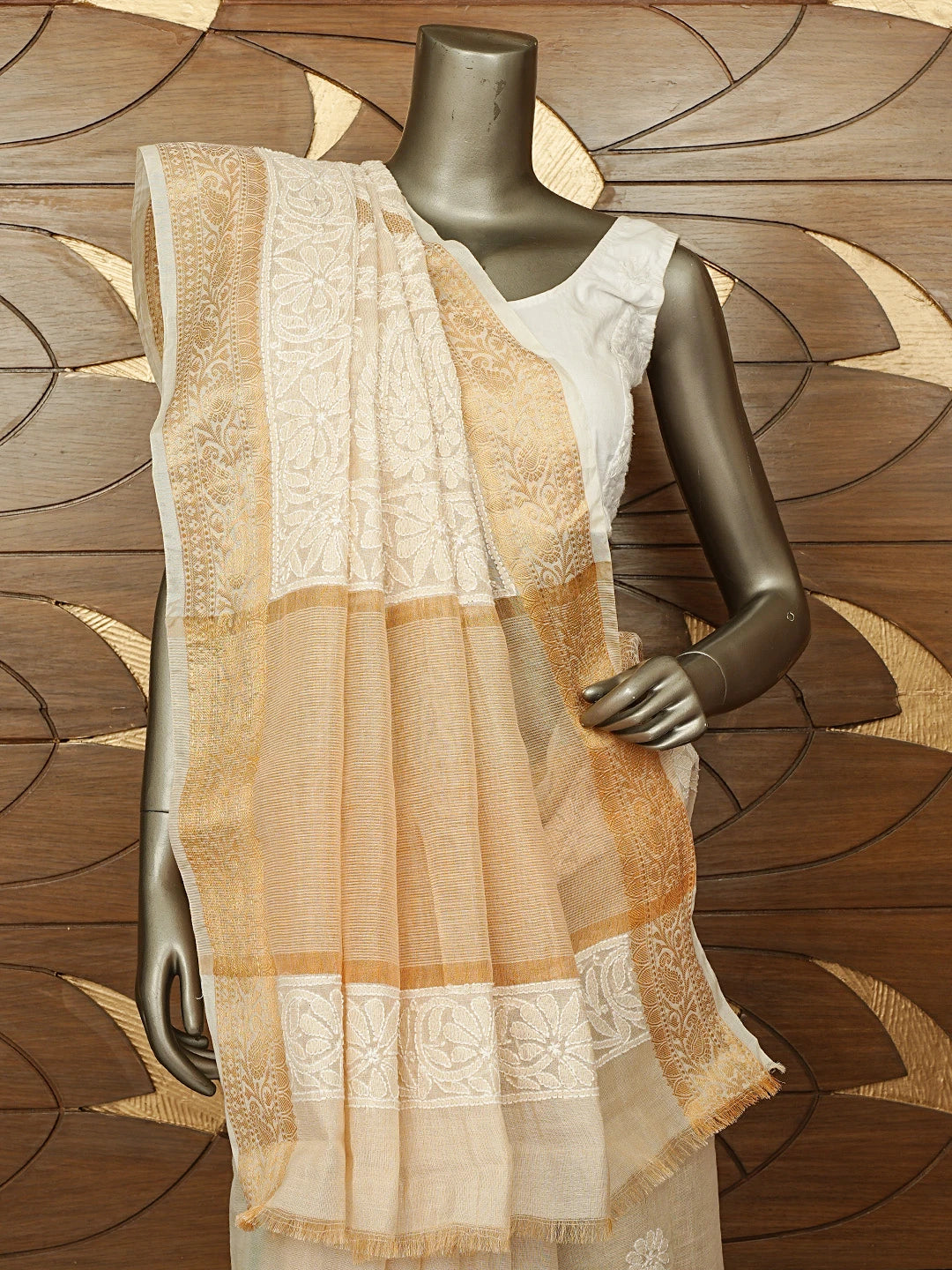 Ada Hand Embroidered Fawn Chanderi Lucknowi Chikankari Saree With Blouse 01A850744