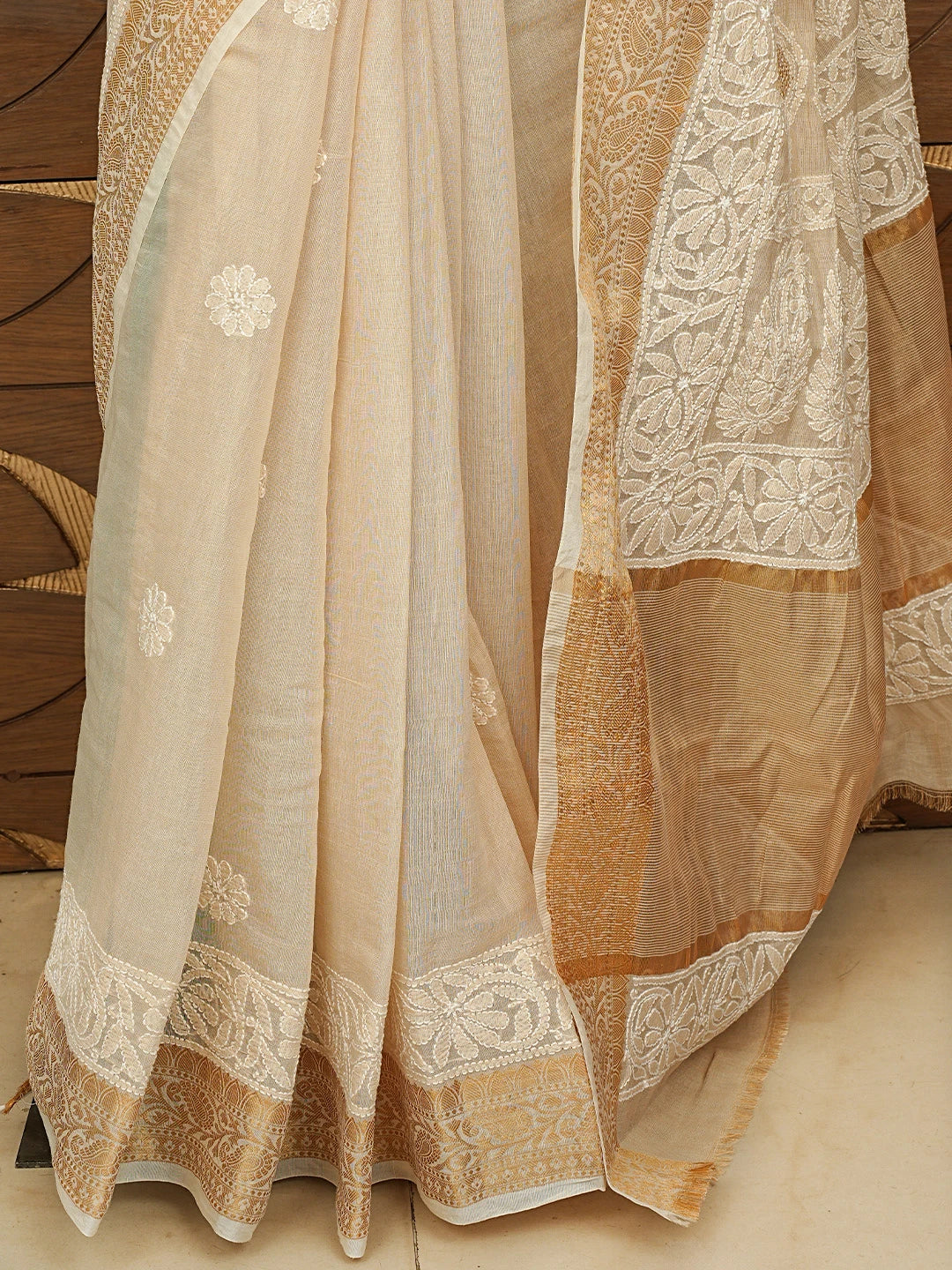 Ada Hand Embroidered Fawn Chanderi Lucknowi Chikankari Saree With Blouse 01A850744