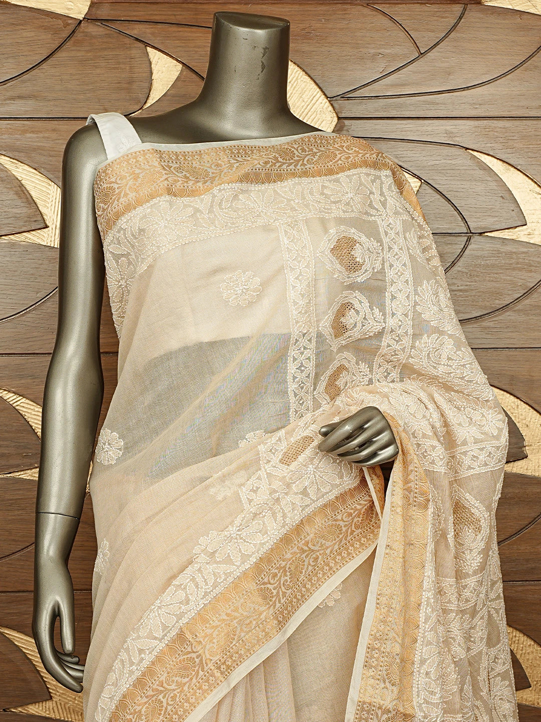 Ada Hand Embroidered Fawn Chanderi Lucknowi Chikankari Saree With Blouse 01A850744